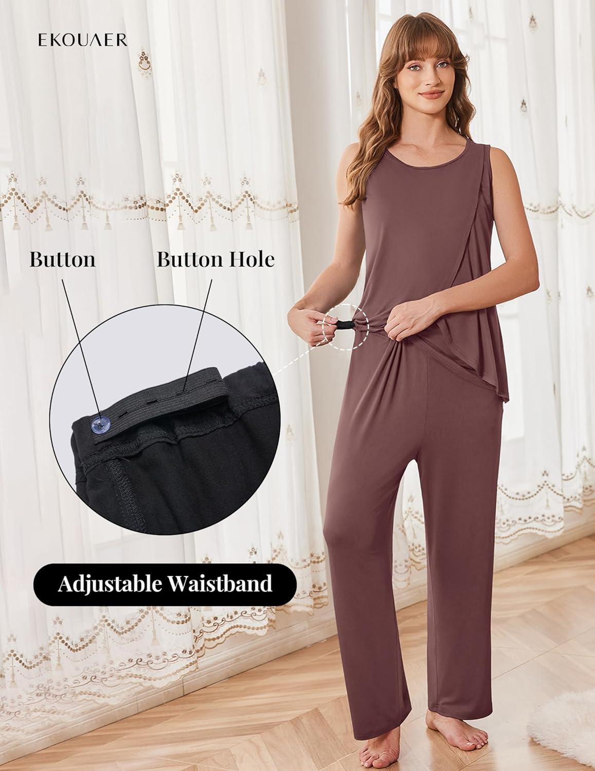 imageEkouaer Maternity Nursing Robe Set 3 Pieces Sleeveless Top Pregnancy Pants amp Robe Double Layer Pajamas SXXLBrown