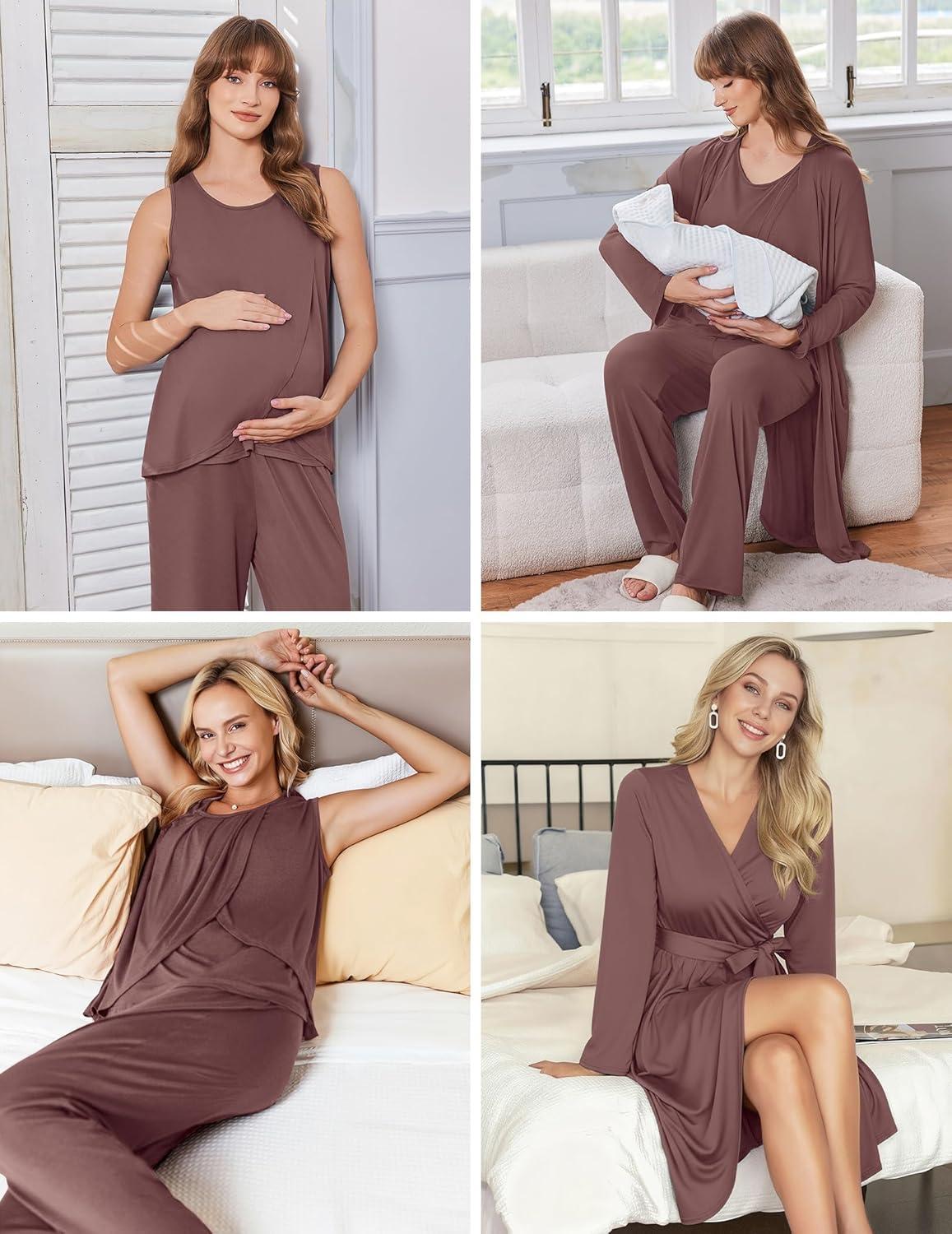imageEkouaer Maternity Nursing Robe Set 3 Pieces Sleeveless Top Pregnancy Pants amp Robe Double Layer Pajamas SXXLBrown