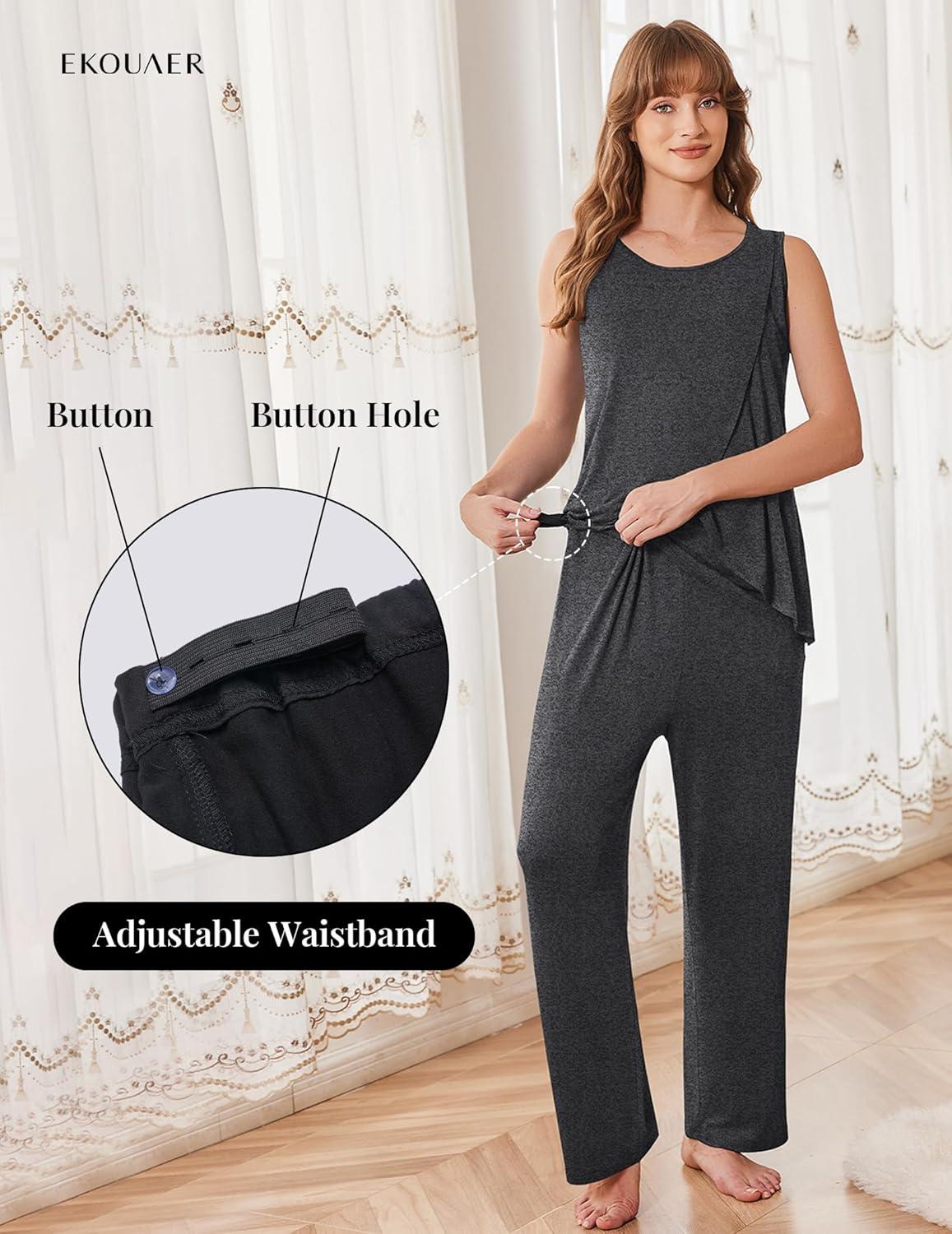 imageEkouaer Maternity Nursing Robe Set 3 Pieces Sleeveless Top Pregnancy Pants amp Robe Double Layer Pajamas SXXLDark Gray