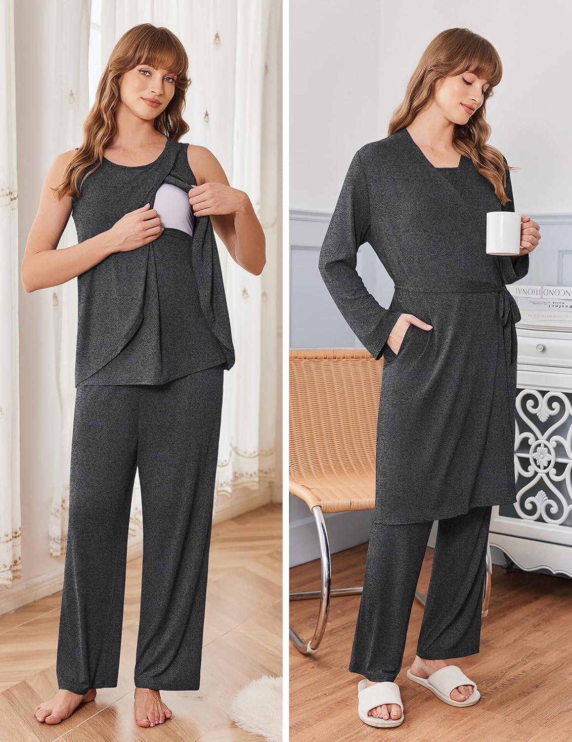 imageEkouaer Maternity Nursing Robe Set 3 Pieces Sleeveless Top Pregnancy Pants amp Robe Double Layer Pajamas SXXLDark Gray