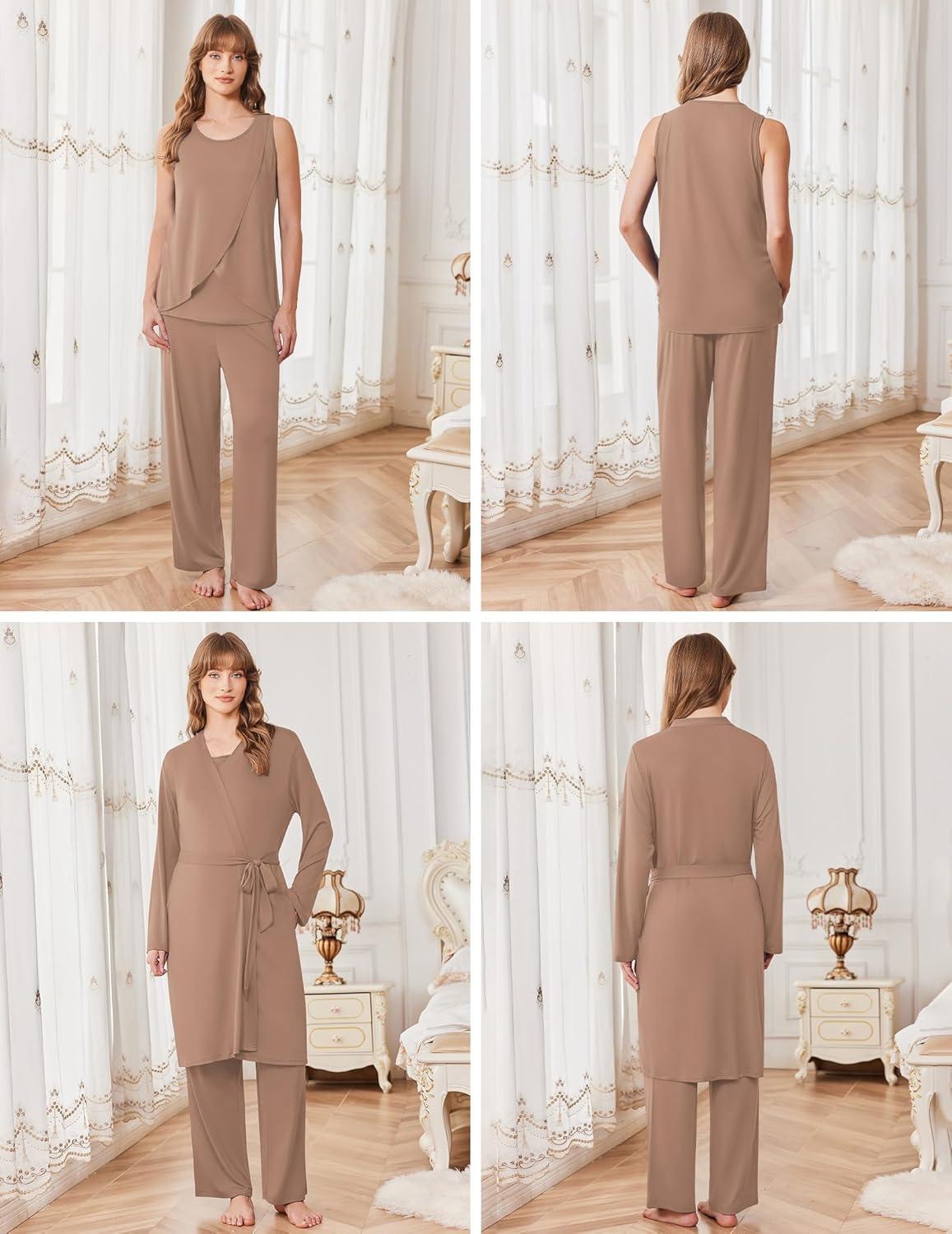 imageEkouaer Maternity Nursing Robe Set 3 Pieces Sleeveless Top Pregnancy Pants amp Robe Double Layer Pajamas SXXLKhaki