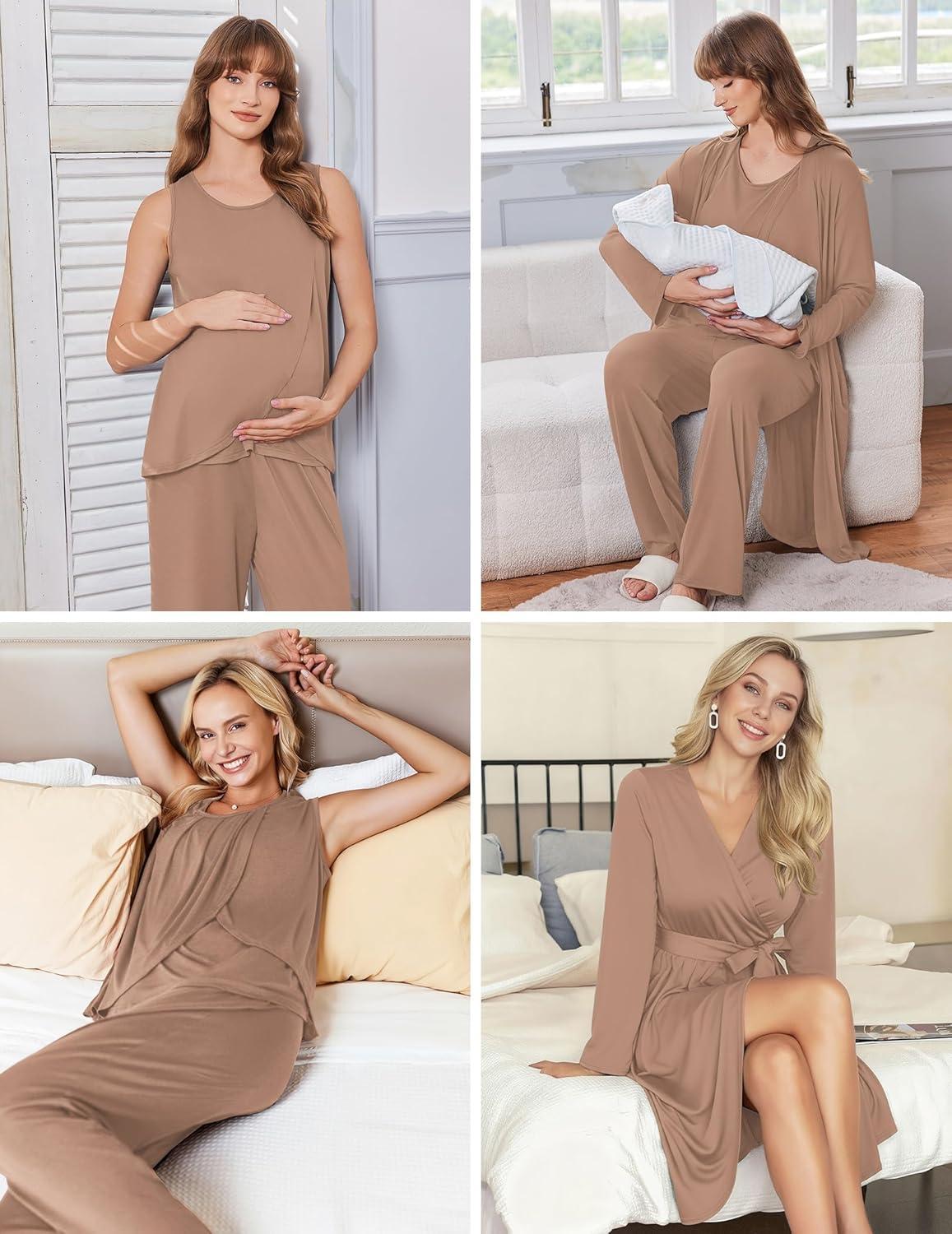 imageEkouaer Maternity Nursing Robe Set 3 Pieces Sleeveless Top Pregnancy Pants amp Robe Double Layer Pajamas SXXLKhaki