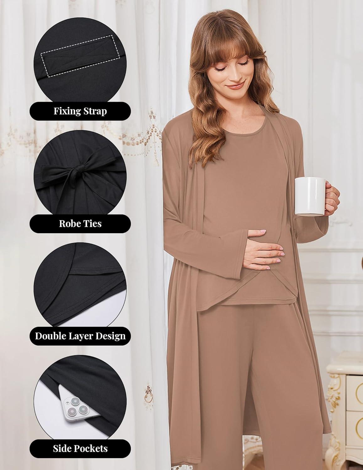imageEkouaer Maternity Nursing Robe Set 3 Pieces Sleeveless Top Pregnancy Pants amp Robe Double Layer Pajamas SXXLKhaki