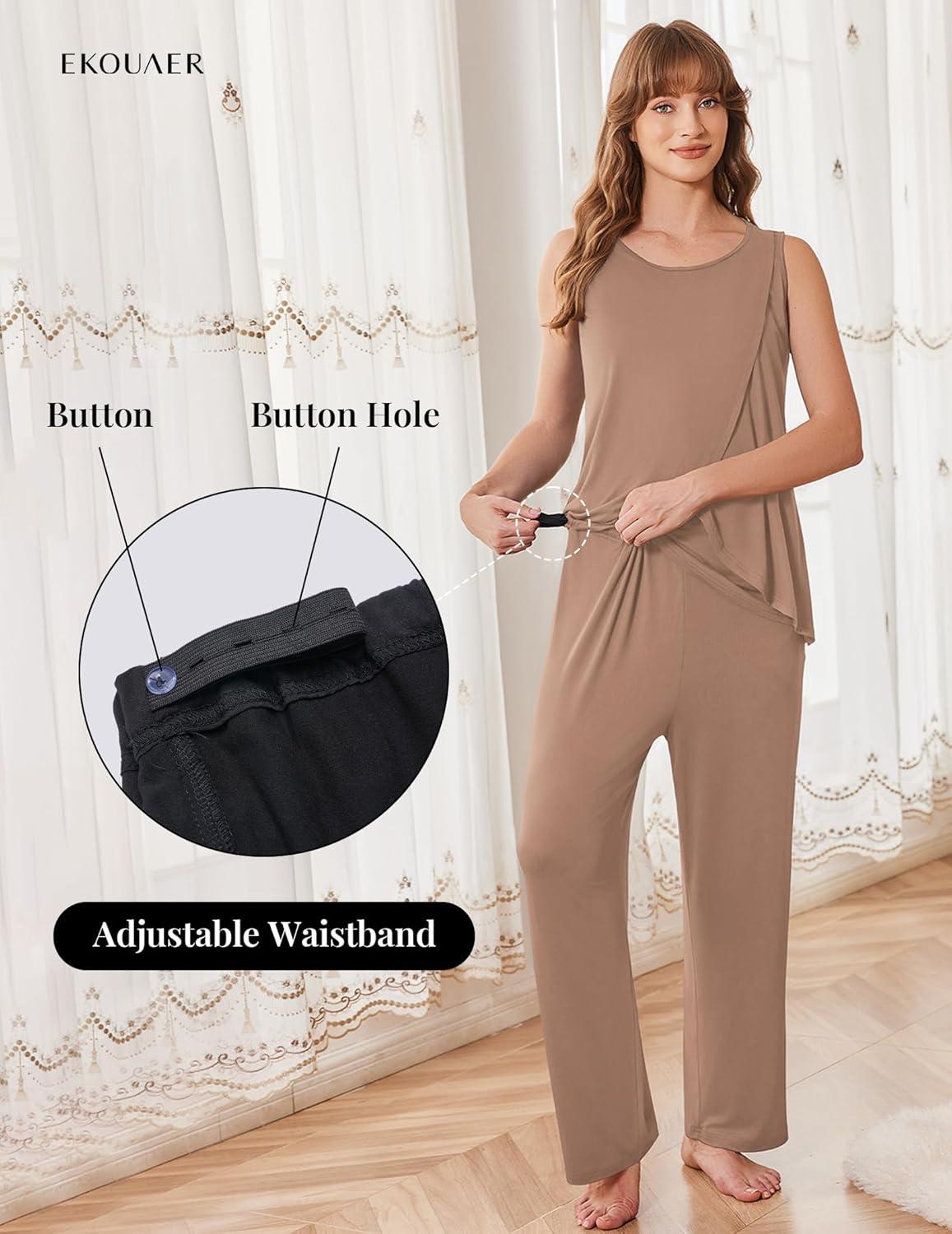 imageEkouaer Maternity Nursing Robe Set 3 Pieces Sleeveless Top Pregnancy Pants amp Robe Double Layer Pajamas SXXLKhaki