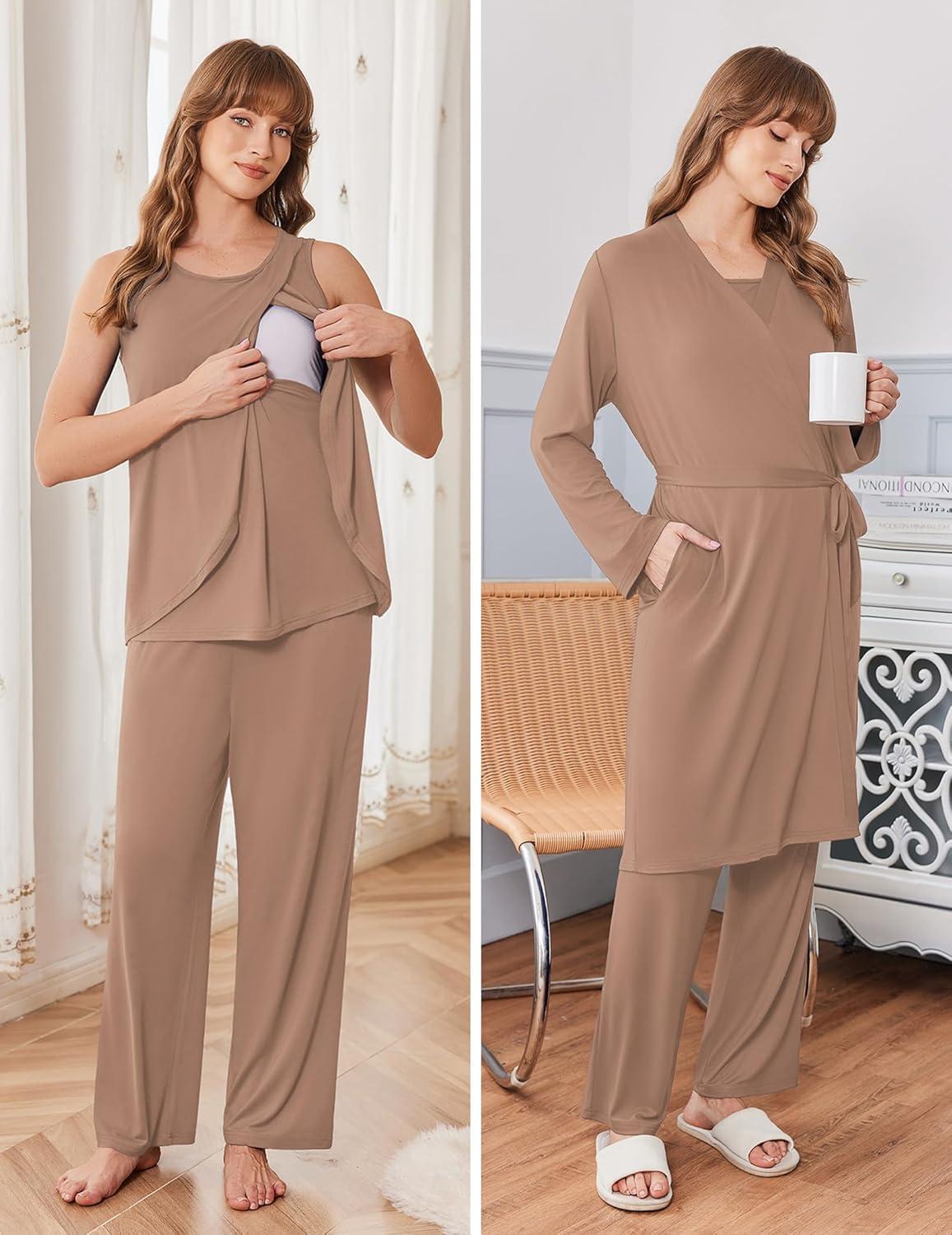 imageEkouaer Maternity Nursing Robe Set 3 Pieces Sleeveless Top Pregnancy Pants amp Robe Double Layer Pajamas SXXLKhaki