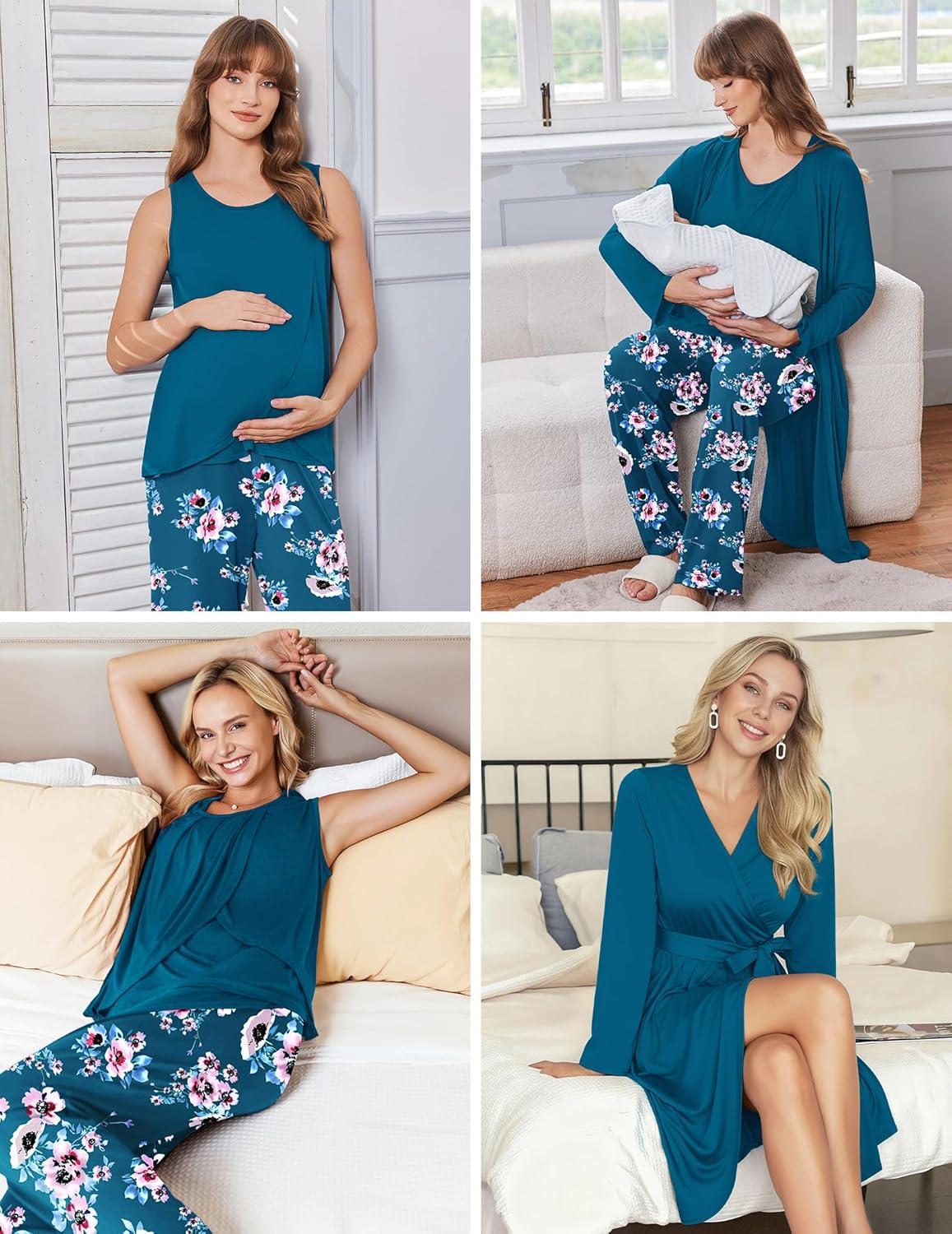 imageEkouaer Maternity Nursing Robe Set 3 Pieces Sleeveless Top Pregnancy Pants amp Robe Double Layer Pajamas SXXLLake Blue