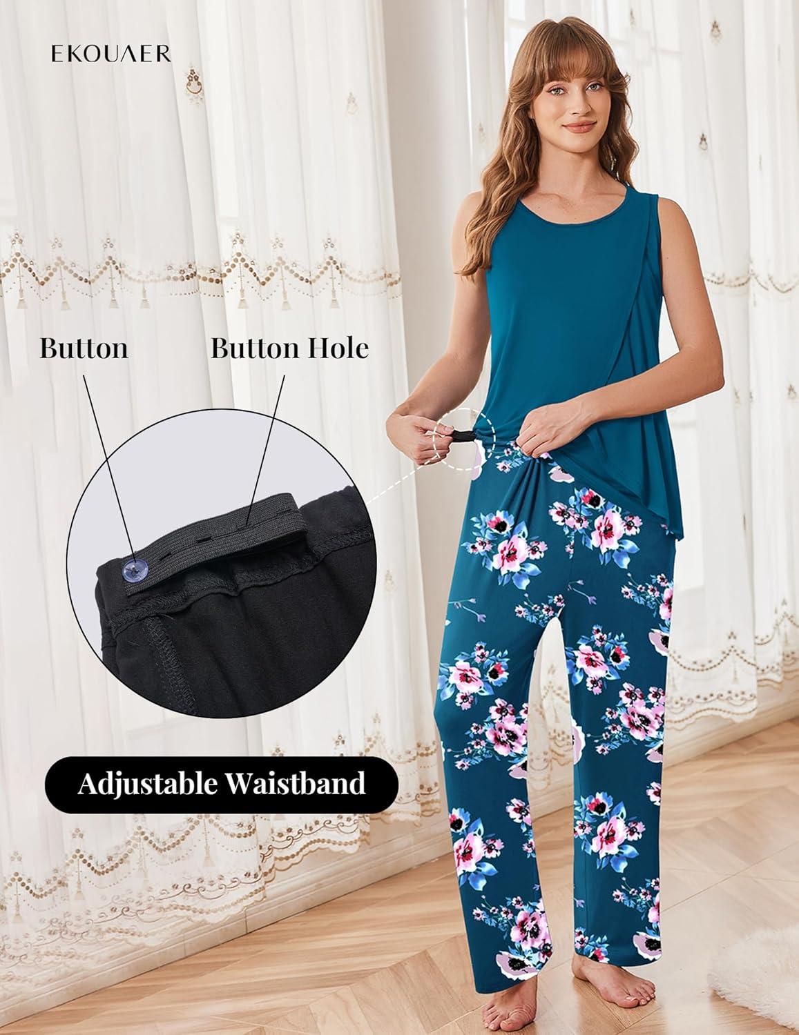 imageEkouaer Maternity Nursing Robe Set 3 Pieces Sleeveless Top Pregnancy Pants amp Robe Double Layer Pajamas SXXLLake Blue