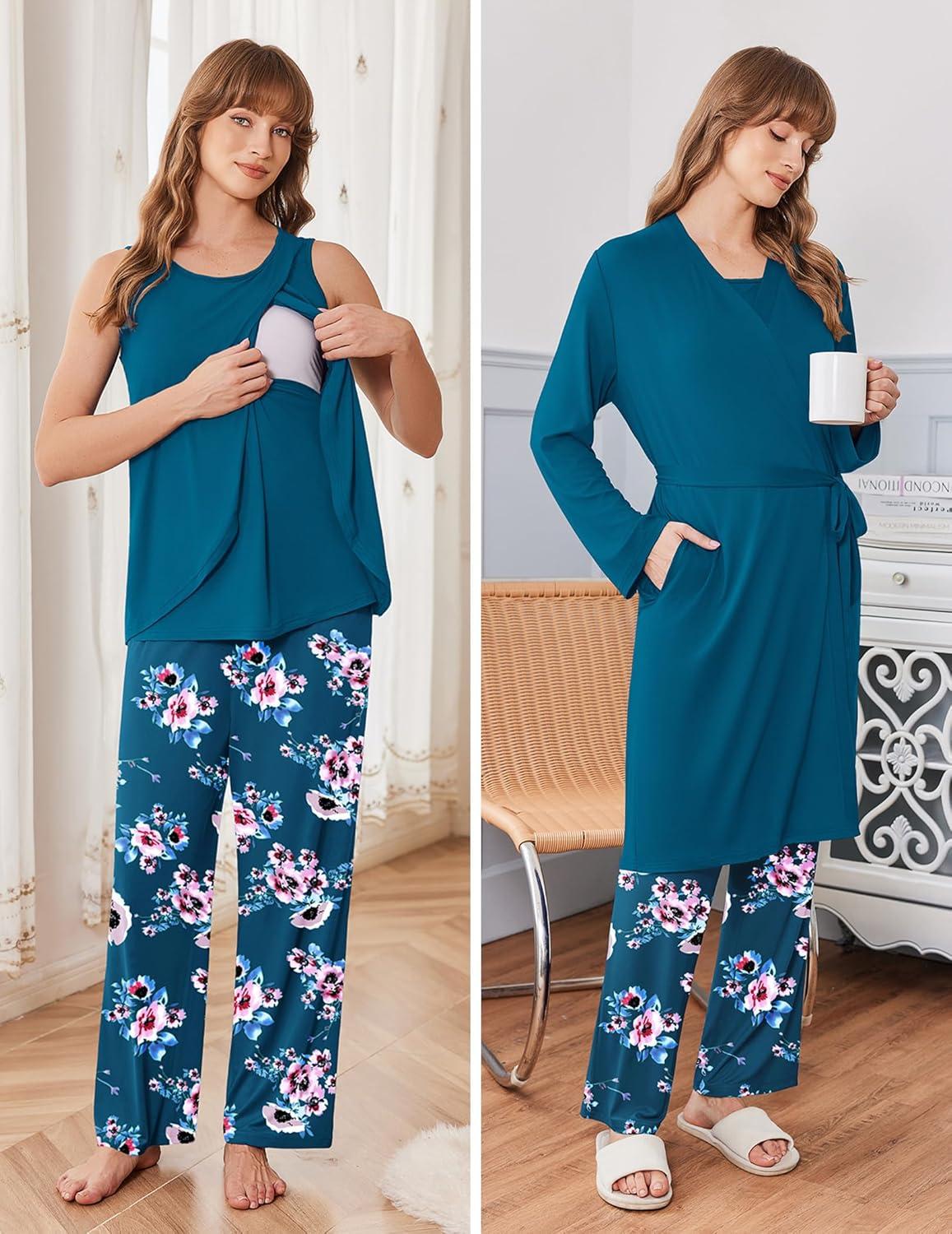 imageEkouaer Maternity Nursing Robe Set 3 Pieces Sleeveless Top Pregnancy Pants amp Robe Double Layer Pajamas SXXLLake Blue