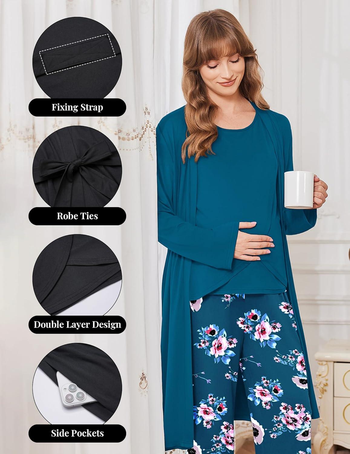 imageEkouaer Maternity Nursing Robe Set 3 Pieces Sleeveless Top Pregnancy Pants amp Robe Double Layer Pajamas SXXLLake Blue