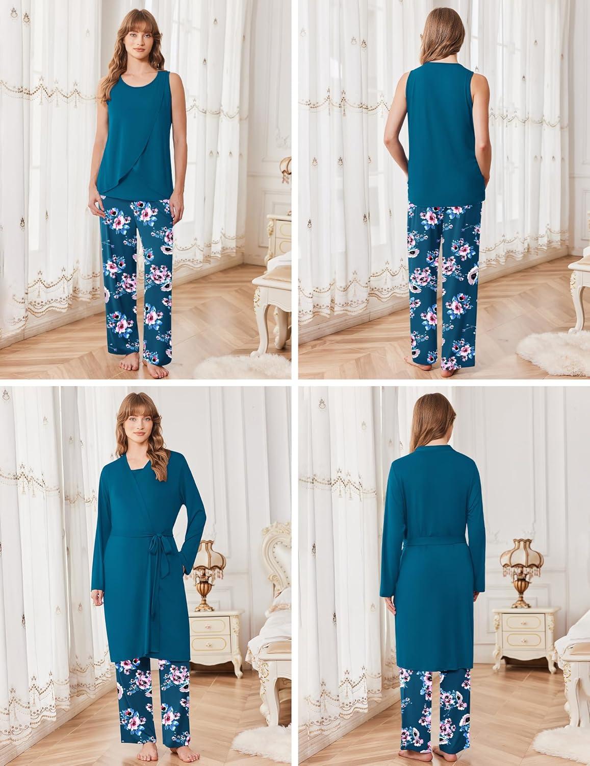 imageEkouaer Maternity Nursing Robe Set 3 Pieces Sleeveless Top Pregnancy Pants amp Robe Double Layer Pajamas SXXLLake Blue