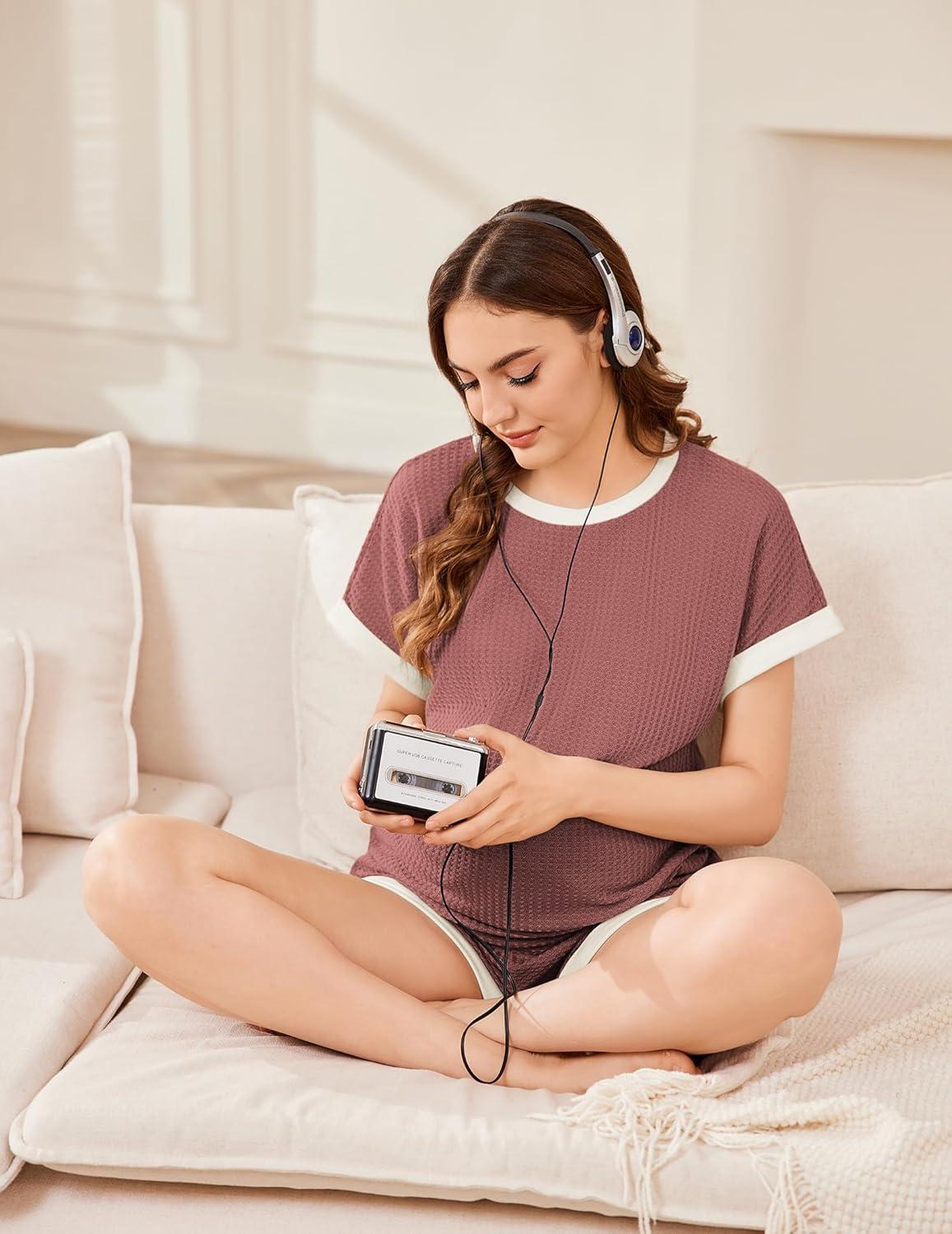 imageEkouaer Maternity Pajamas 2 Piece Outfits Waffle Knit Short Sleeve Tops and Shorts Loungewear Set Pregnancy ClothesBurgundy