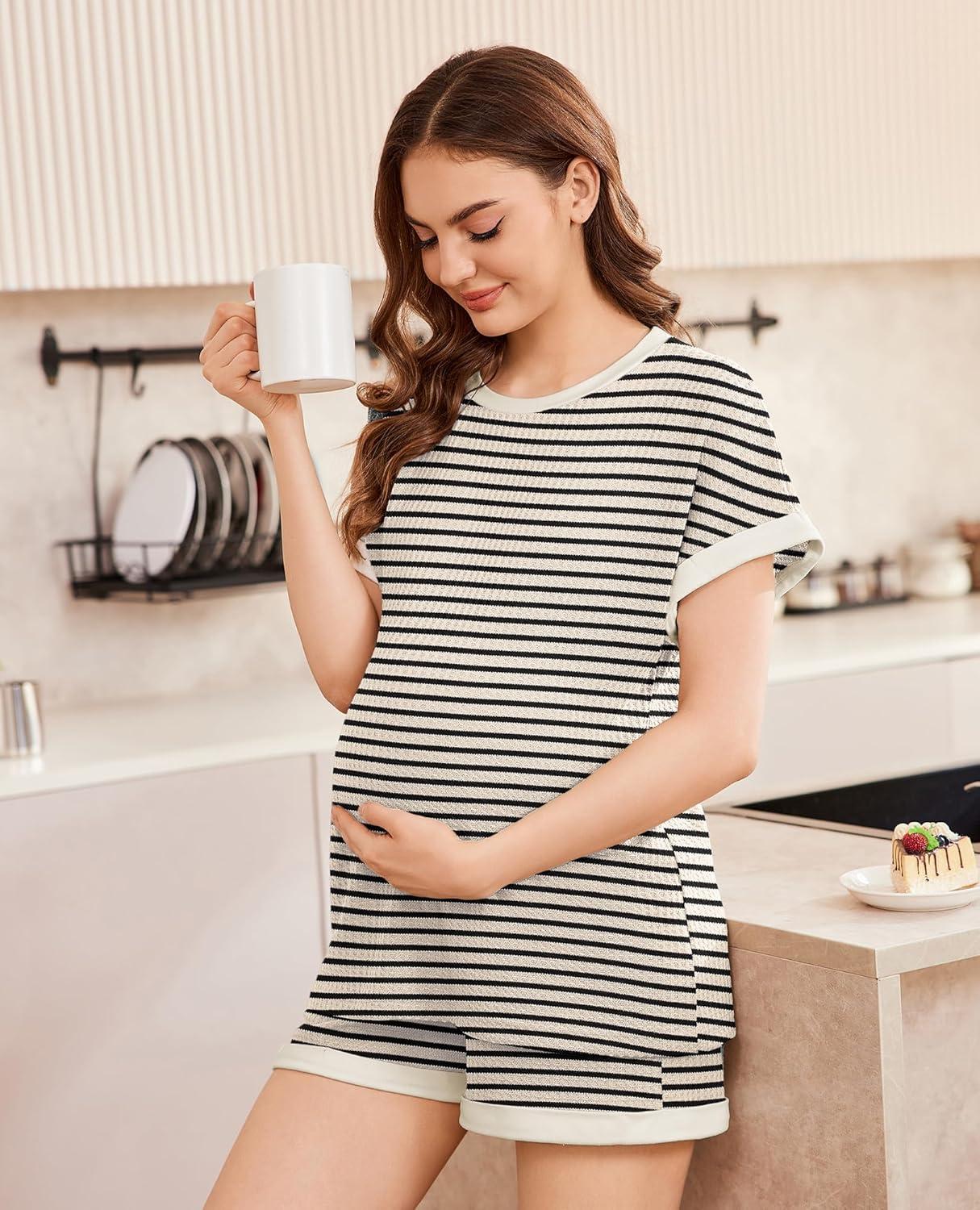 imageEkouaer Maternity Pajamas 2 Piece Outfits Waffle Knit Short Sleeve Tops and Shorts Loungewear Set Pregnancy ClothesStripes Beige
