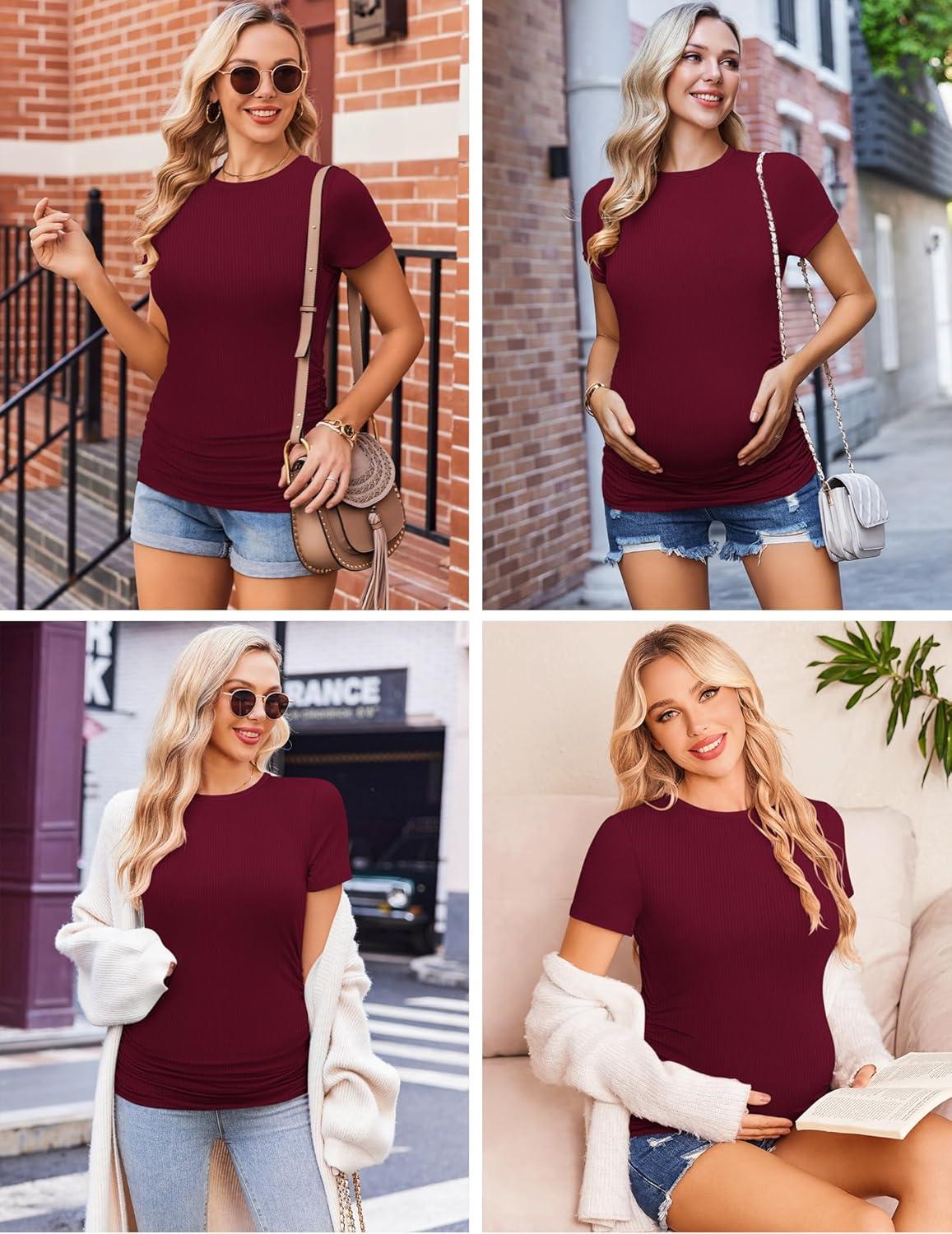imageEkouaer Maternity Shirts Womens 3 Packs Short Sleeve Ribbed Pregnancy Tops Side Ruched Crew Neck Tunic Mama Clothes SXXL3pcs Black Burgundy Red Army Green