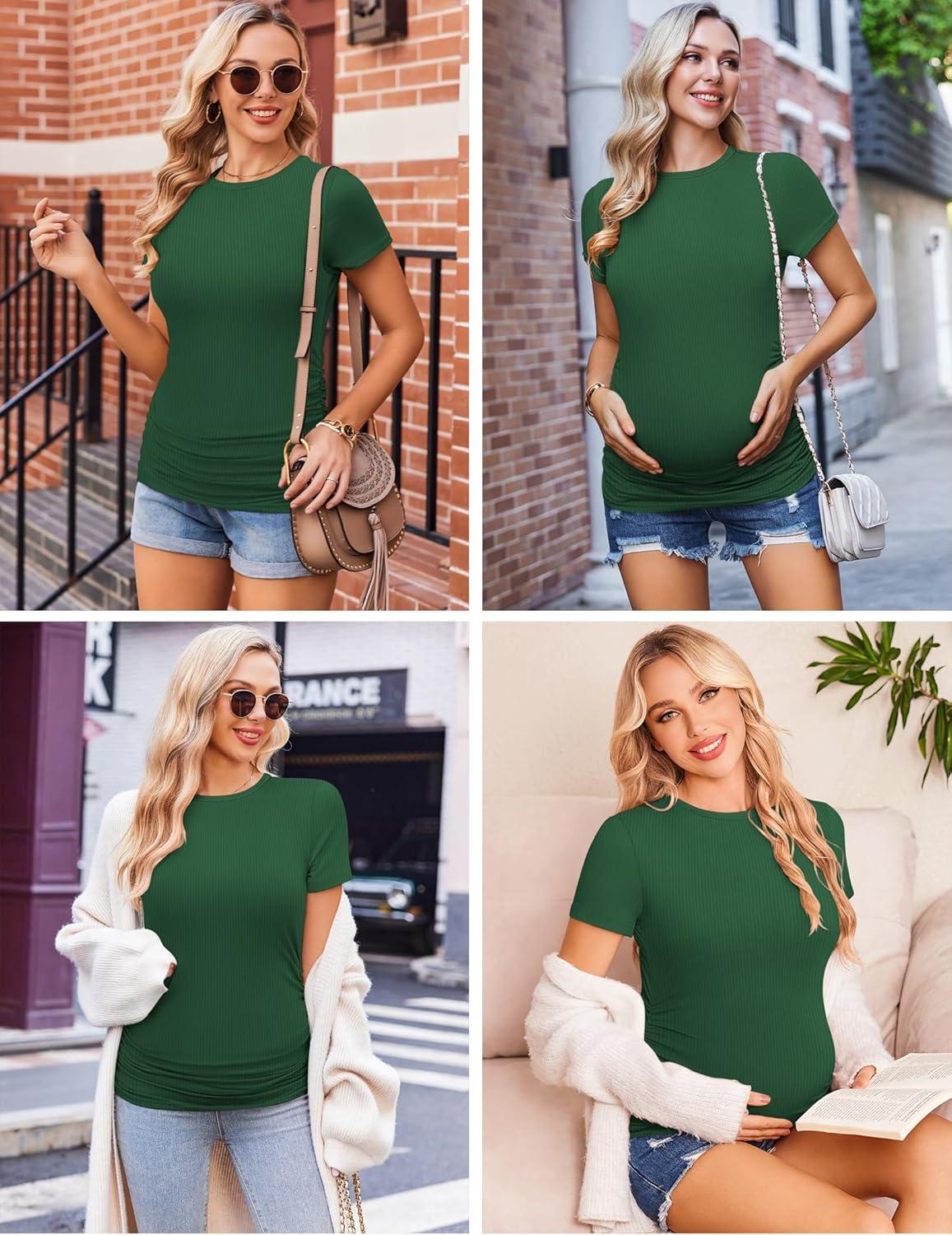 imageEkouaer Maternity Shirts Womens 3 Packs Short Sleeve Ribbed Pregnancy Tops Side Ruched Crew Neck Tunic Mama Clothes SXXL3pcs Black Burgundy Red Dark Green