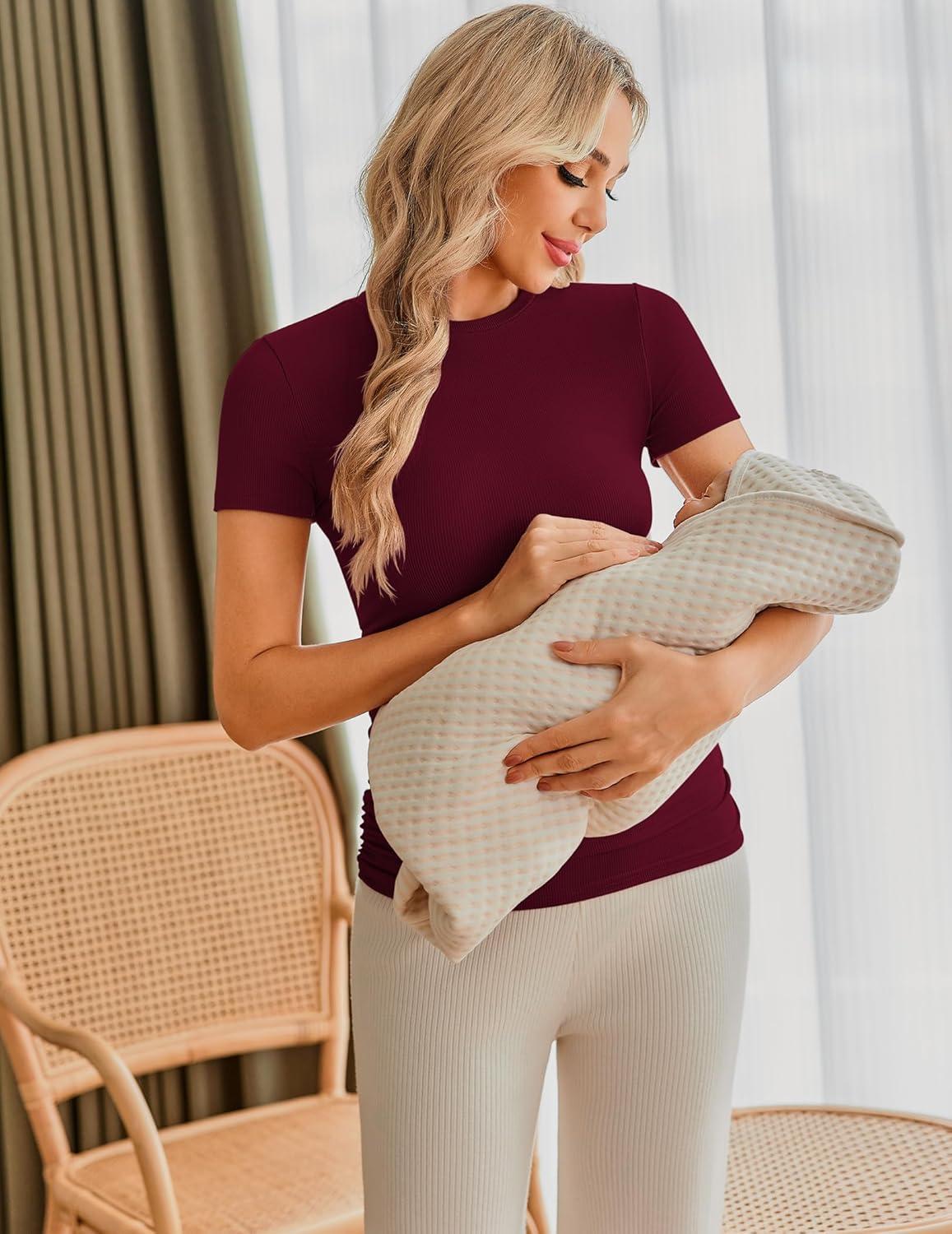 imageEkouaer Maternity Shirts Womens 3 Packs Short Sleeve Ribbed Pregnancy Tops Side Ruched Crew Neck Tunic Mama Clothes SXXL3pcs Black Burgundy Red Dark Green