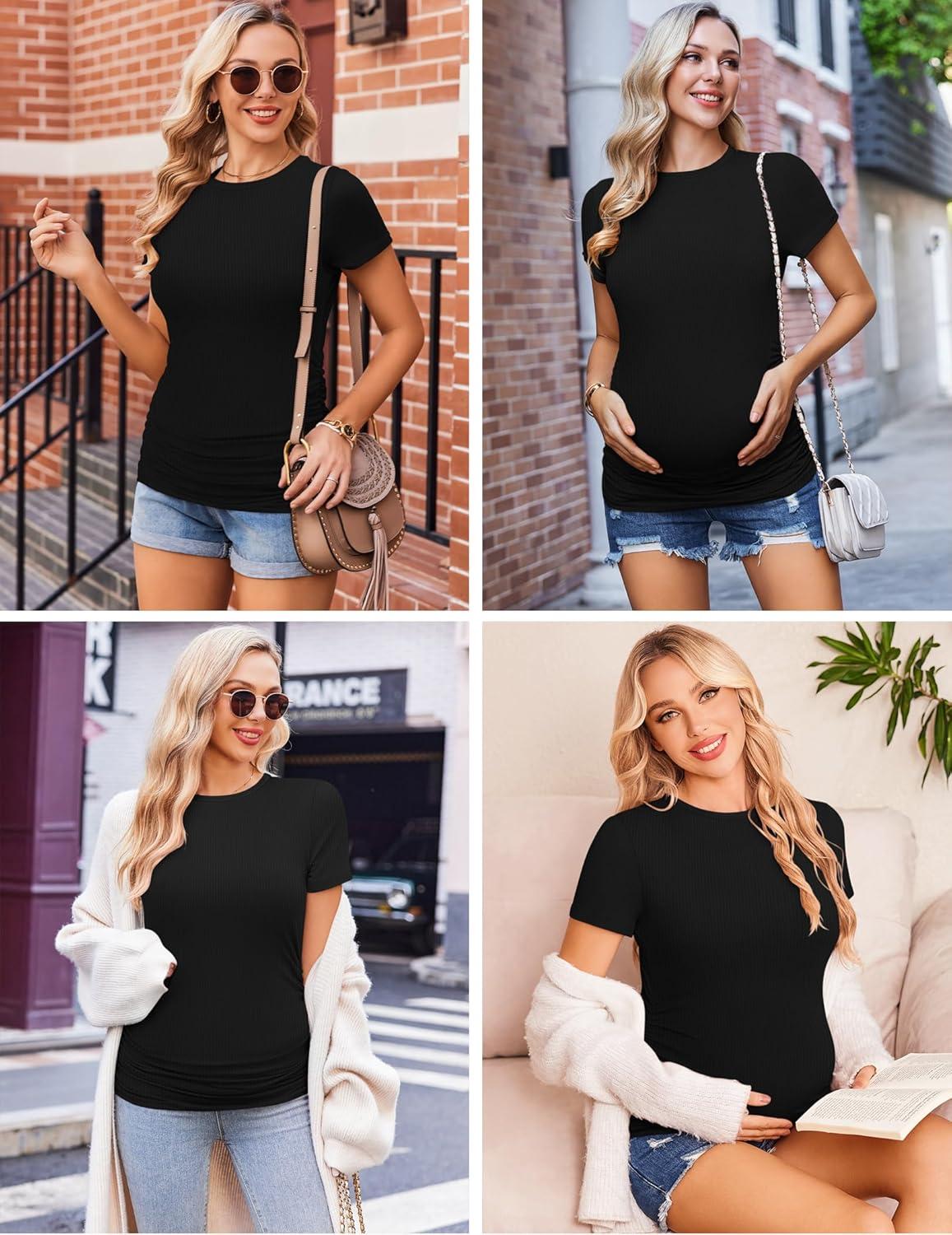 imageEkouaer Maternity Shirts Womens 3 Packs Short Sleeve Ribbed Pregnancy Tops Side Ruched Crew Neck Tunic Mama Clothes SXXL3pcs Black Dirty Pink Army Green