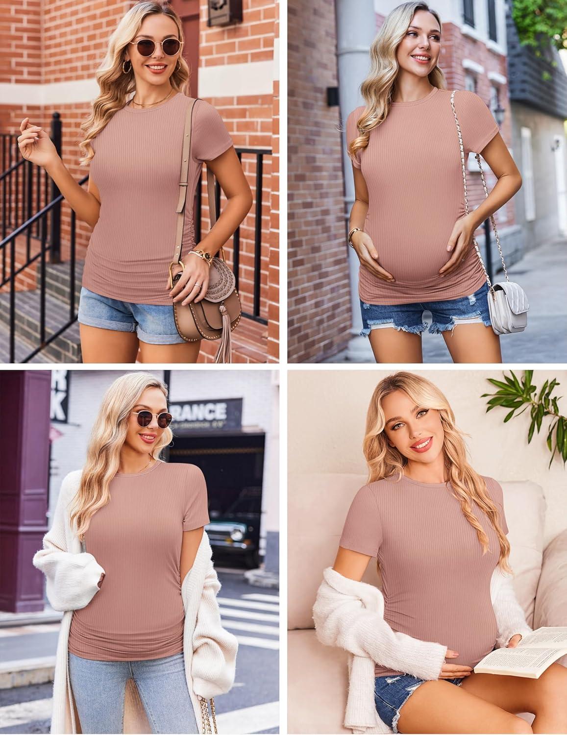 imageEkouaer Maternity Shirts Womens 3 Packs Short Sleeve Ribbed Pregnancy Tops Side Ruched Crew Neck Tunic Mama Clothes SXXL3pcs Black Dirty Pink Army Green