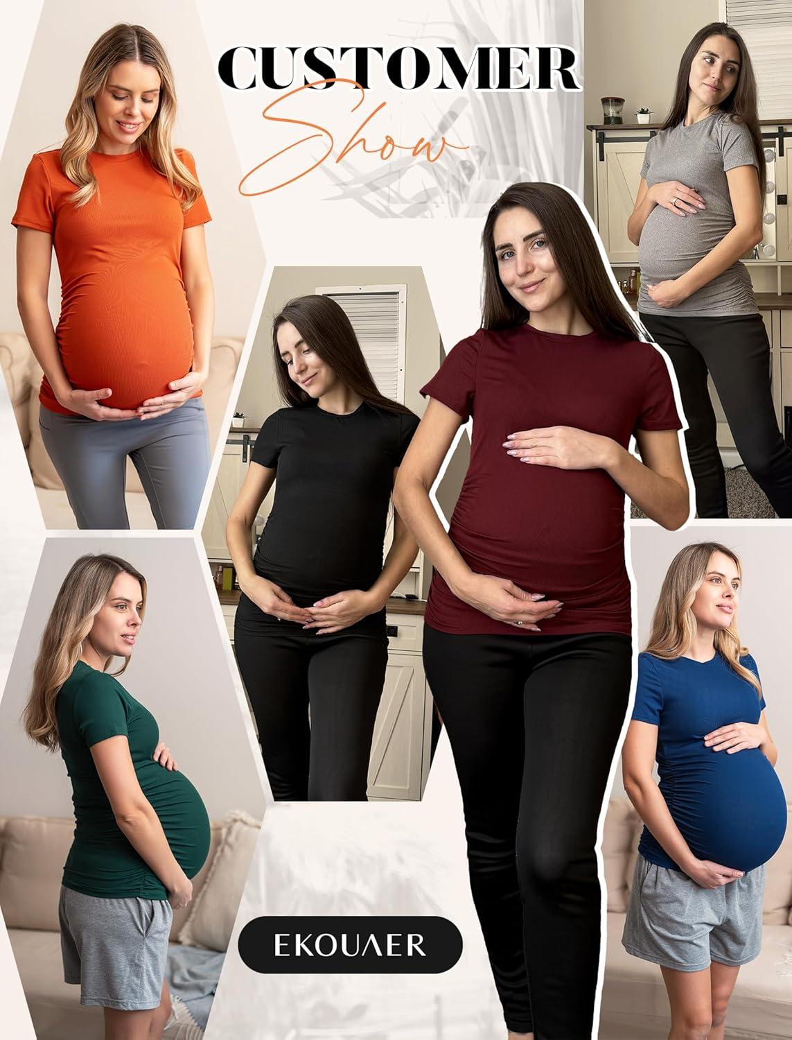 imageEkouaer Maternity Shirts Womens 3 Packs Short Sleeve Ribbed Pregnancy Tops Side Ruched Crew Neck Tunic Mama Clothes SXXL3pcs Black Dirty Pink Army Green