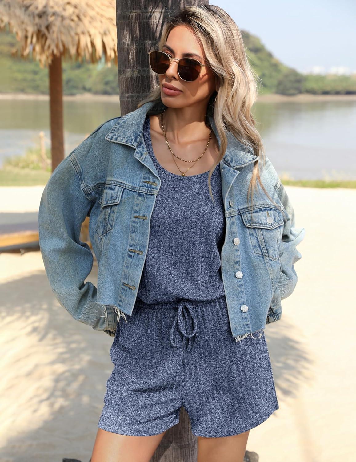 imageEkouaer Rompers for Women Summer 2025 Casual Sleeveless Scoop Neck Tank Top Ribbed Short Jumpsuits Romper with PocketsNavy Blue