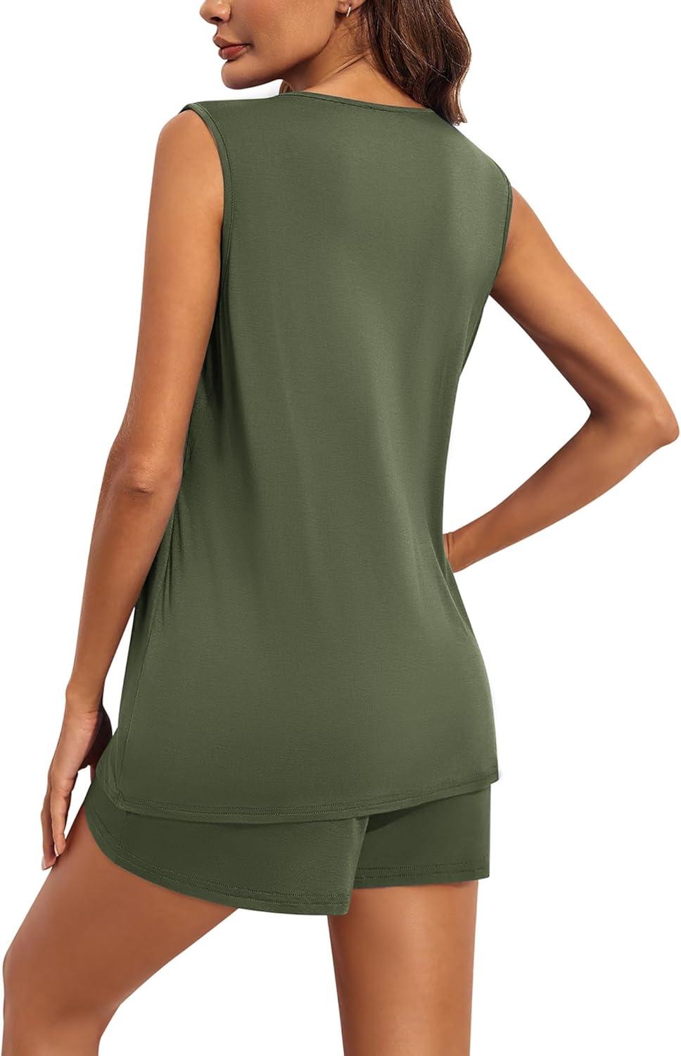 imageEkouaer Women Maternity Nursing Pajama Set Breastfeeding Sleepwear Double Layer Sleeveless Top amp Shorts Pregnancy PJSArmy Green