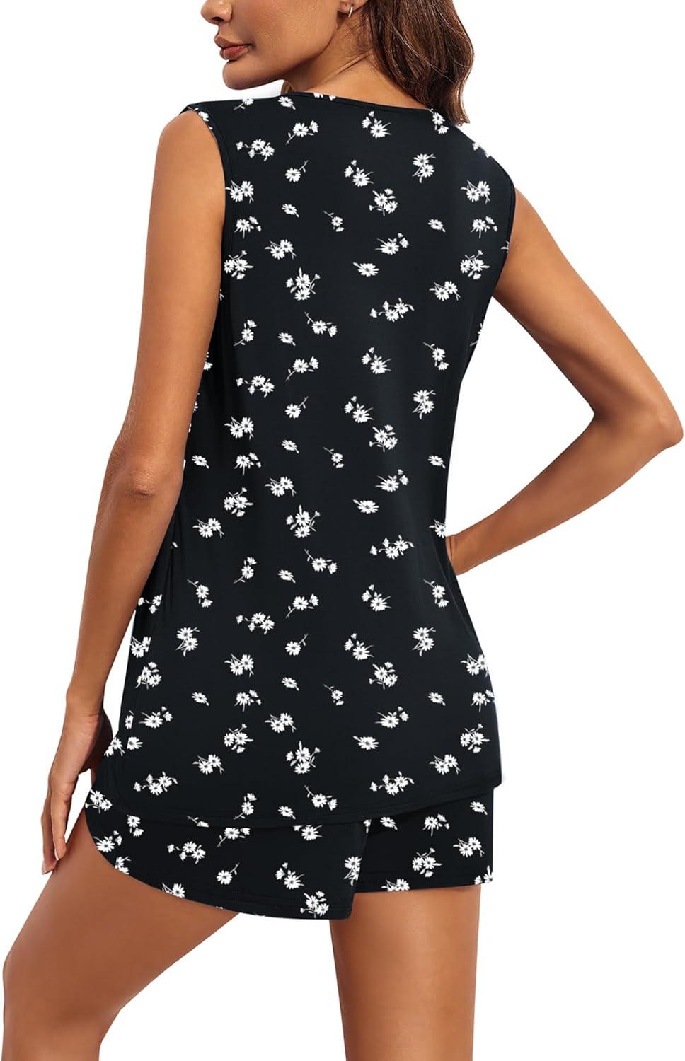 imageEkouaer Women Maternity Nursing Pajama Set Breastfeeding Sleepwear Double Layer Sleeveless Top amp Shorts Pregnancy PJSFloral Black