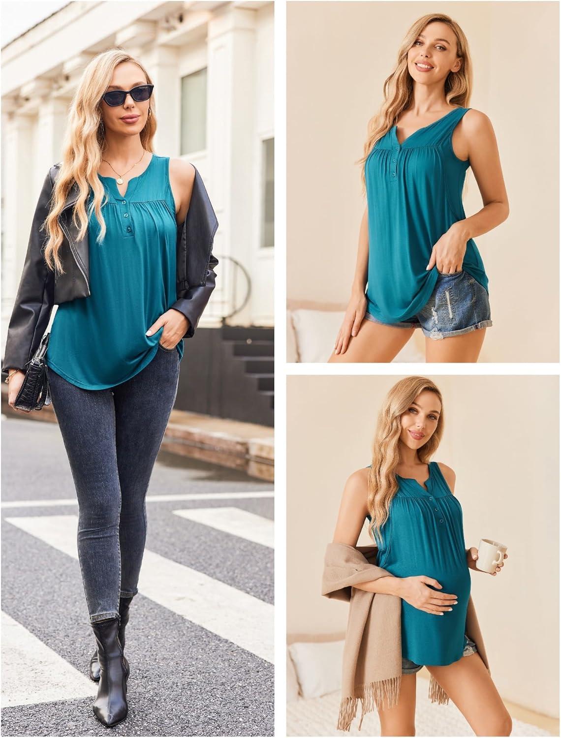 imageEkouaer Womens Maternity Nursing Tank Tops Sleeveless Breastfeeding Shirts Double Layer Summer Pregnancy ClothesBlue Green