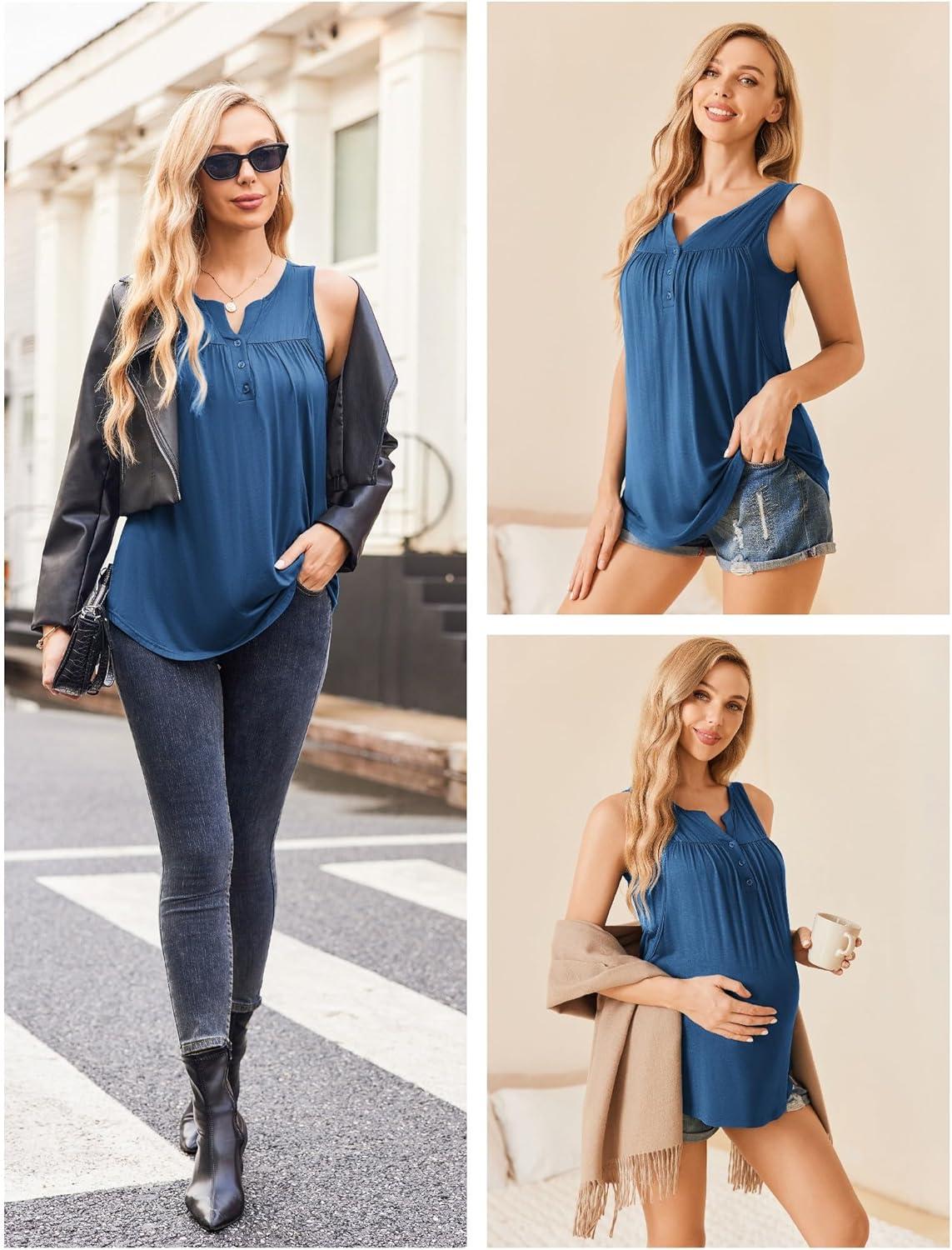imageEkouaer Womens Maternity Nursing Tank Tops Sleeveless Breastfeeding Shirts Double Layer Summer Pregnancy ClothesNavy