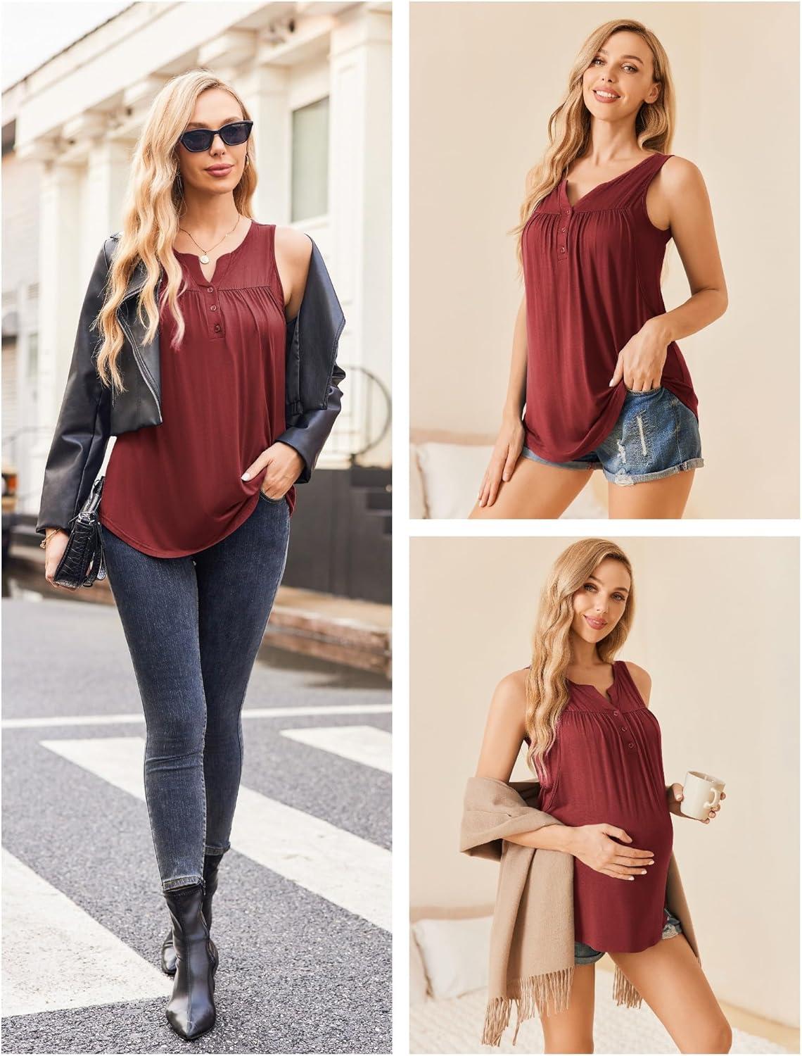 imageEkouaer Womens Maternity Nursing Tank Tops Sleeveless Breastfeeding Shirts Double Layer Summer Pregnancy ClothesWine Red