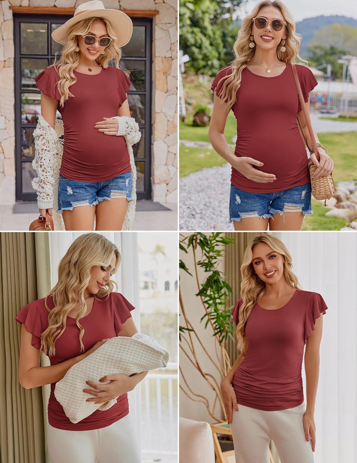 imageEkouaer Womens Maternity Shirts 3 Packs Flying Short Sleeve Pregnancy Tops Side Ruched Tunic Blouse Mama Clothes SXXLBlack Army Green Wine Red3pcs