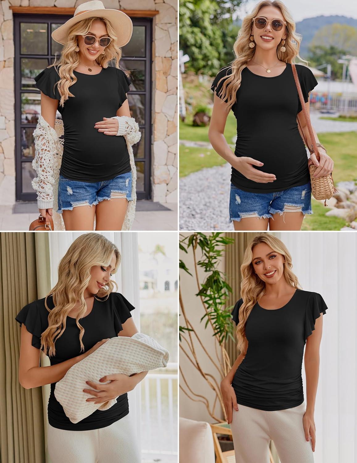 imageEkouaer Womens Maternity Shirts 3 Packs Flying Short Sleeve Pregnancy Tops Side Ruched Tunic Blouse Mama Clothes SXXLBlack Army Green Wine Red3pcs