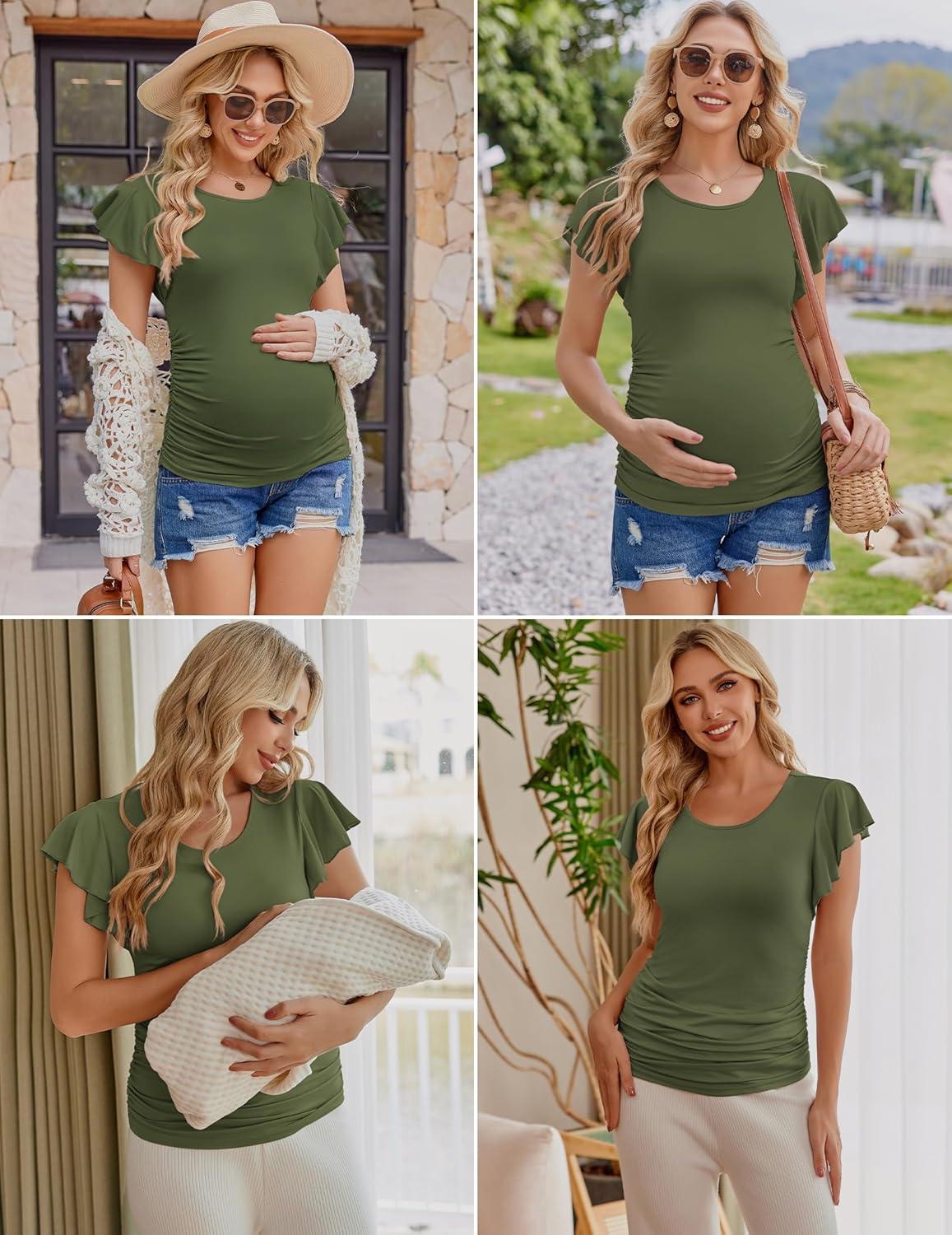 imageEkouaer Womens Maternity Shirts 3 Packs Flying Short Sleeve Pregnancy Tops Side Ruched Tunic Blouse Mama Clothes SXXLBlack Pink Army Green3pcs