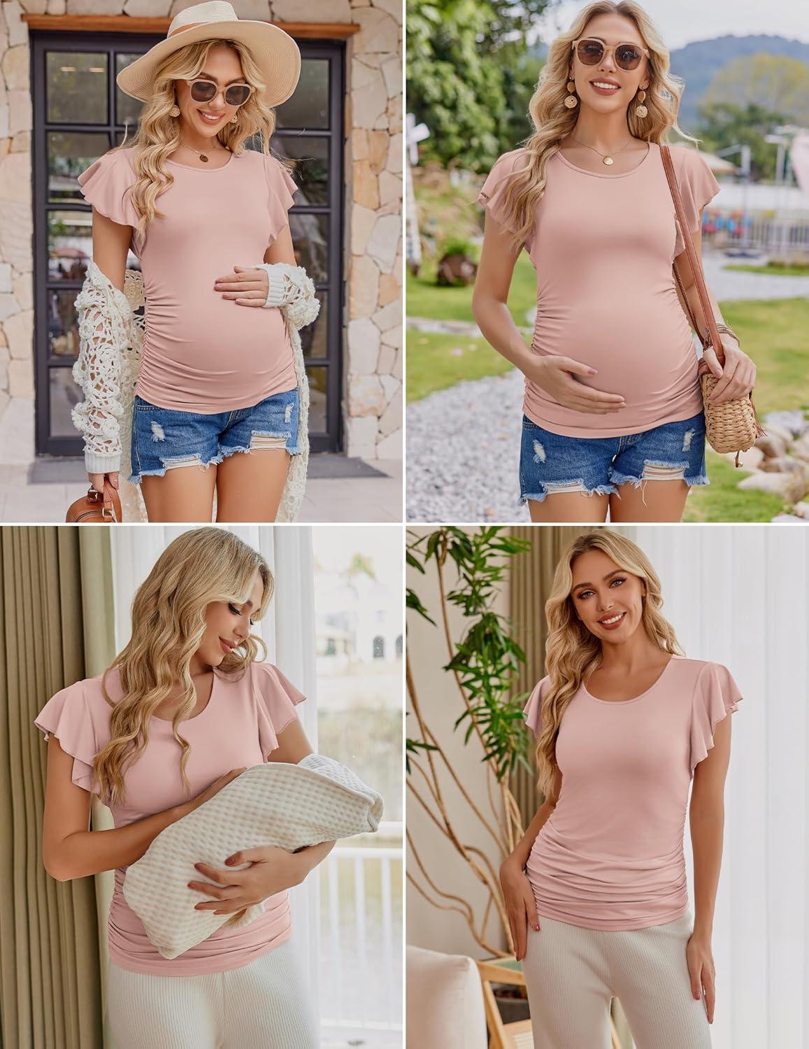 imageEkouaer Womens Maternity Shirts 3 Packs Flying Short Sleeve Pregnancy Tops Side Ruched Tunic Blouse Mama Clothes SXXLBlack Pink Army Green3pcs