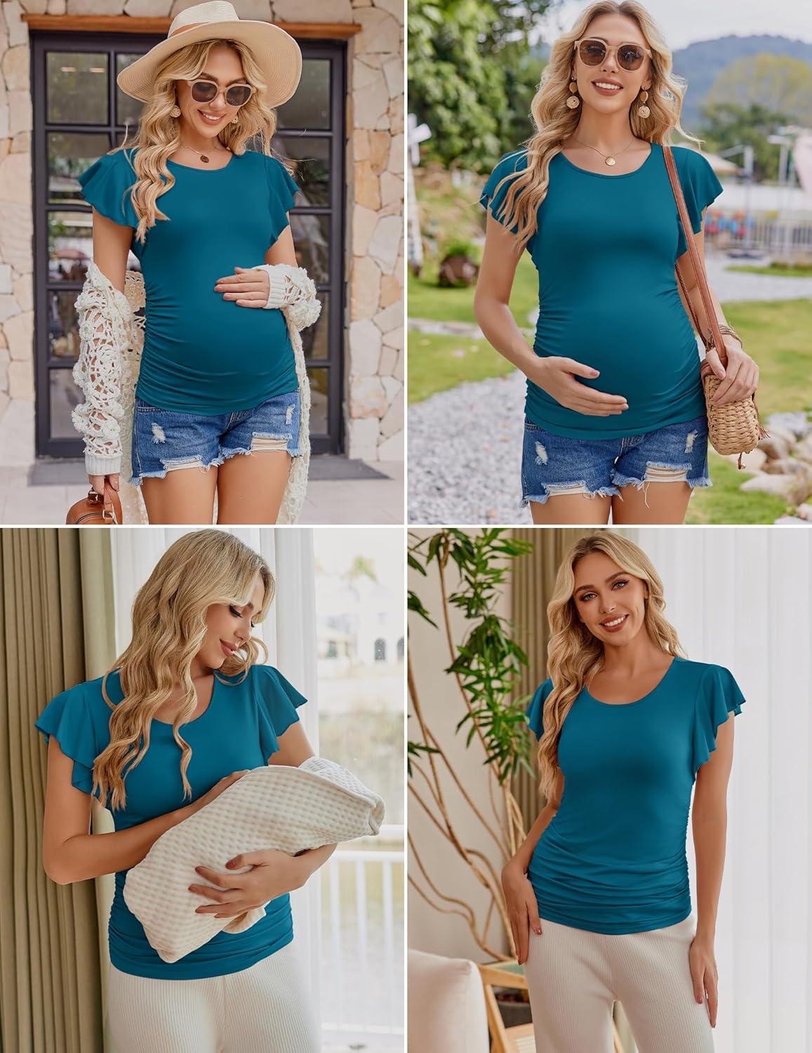 imageEkouaer Womens Maternity Shirts 3 Packs Flying Short Sleeve Pregnancy Tops Side Ruched Tunic Blouse Mama Clothes SXXLDark Grey Army Green Blue Green3pcs