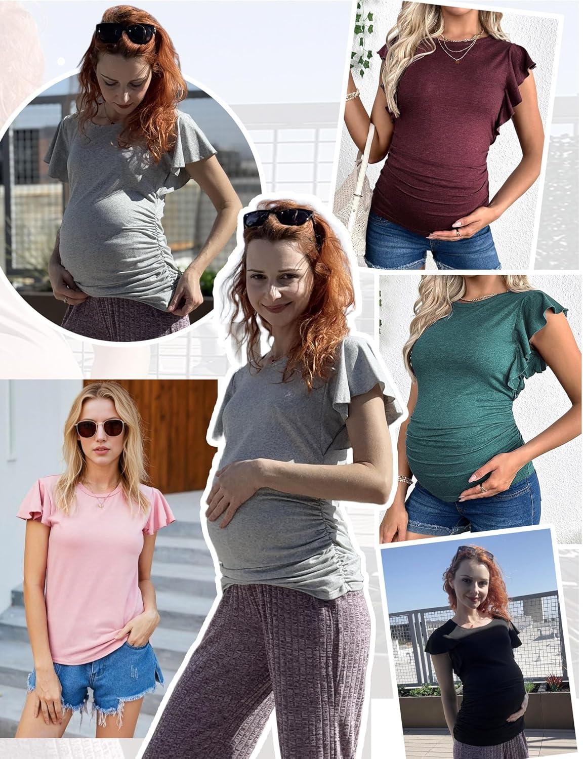 imageEkouaer Womens Maternity Shirts 3 Packs Flying Short Sleeve Pregnancy Tops Side Ruched Tunic Blouse Mama Clothes SXXLDark Grey Army Green Blue Green3pcs