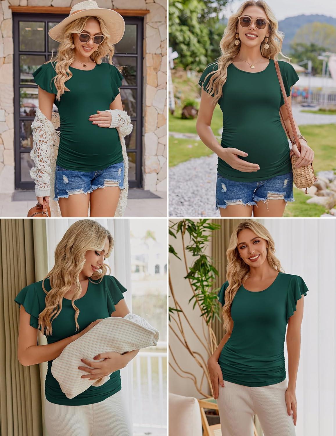 imageEkouaer Womens Maternity Shirts 3 Packs Flying Short Sleeve Pregnancy Tops Side Ruched Tunic Blouse Mama Clothes SXXLPink Floral Black Lake Green3pcs