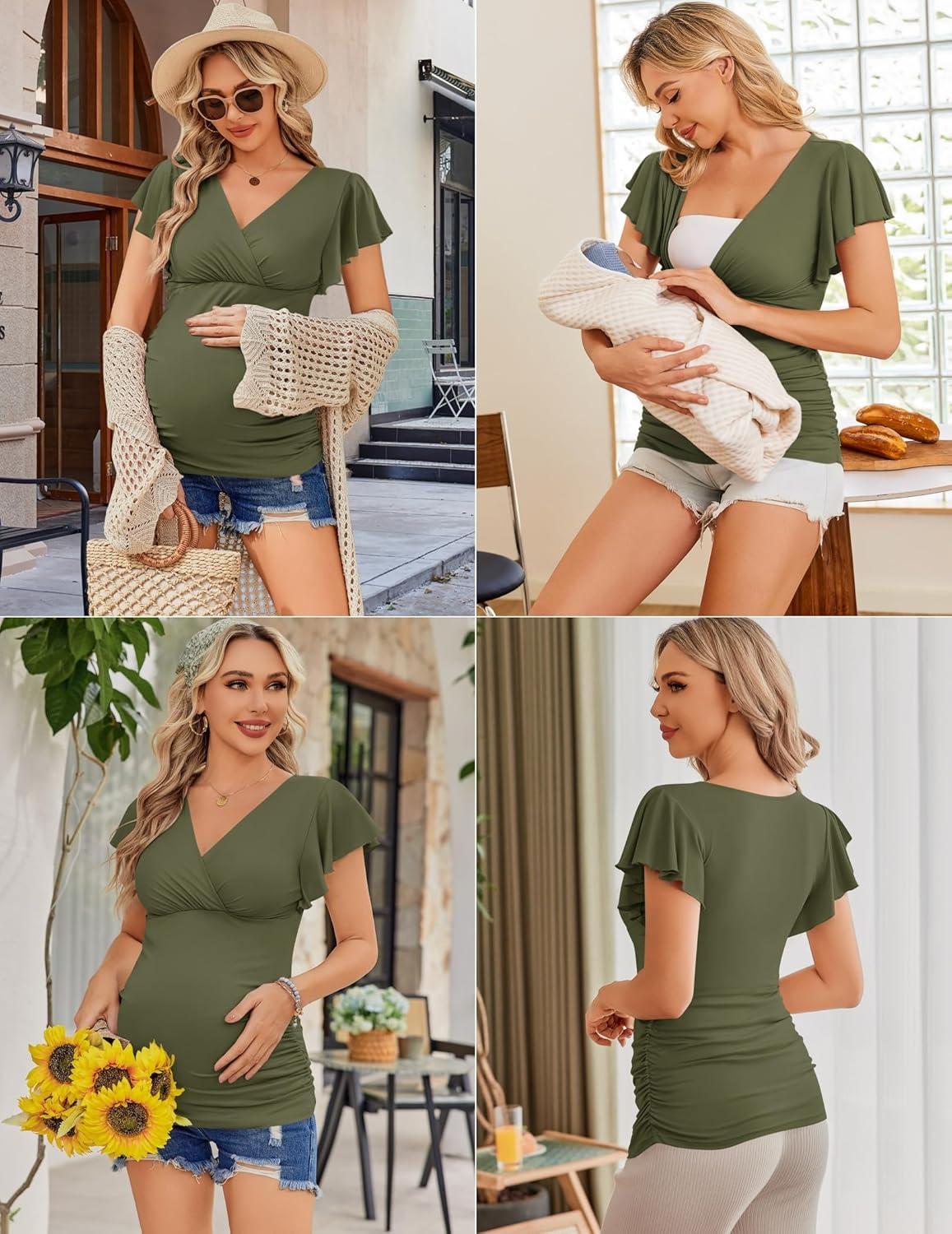imageEkouaer Womens Maternity Shirts 3 Packs Nursing Tops Flying Short Sleeve Breastfeeding Tees Side Ruched Pregnancy ClothesArmy Green Grey Black3pcs
