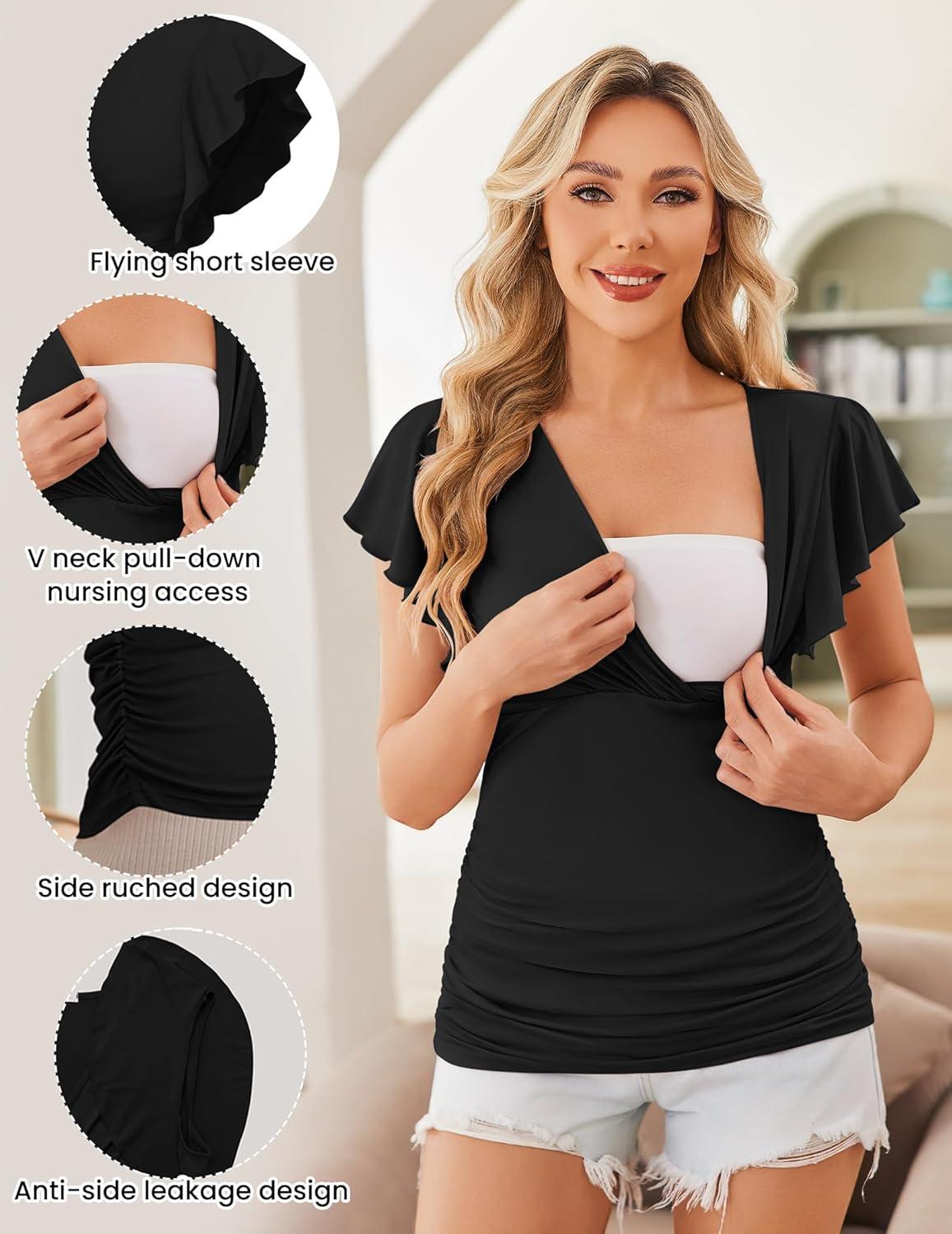 imageEkouaer Womens Maternity Shirts 3 Packs Nursing Tops Flying Short Sleeve Breastfeeding Tees Side Ruched Pregnancy ClothesArmy Green Grey Black3pcs