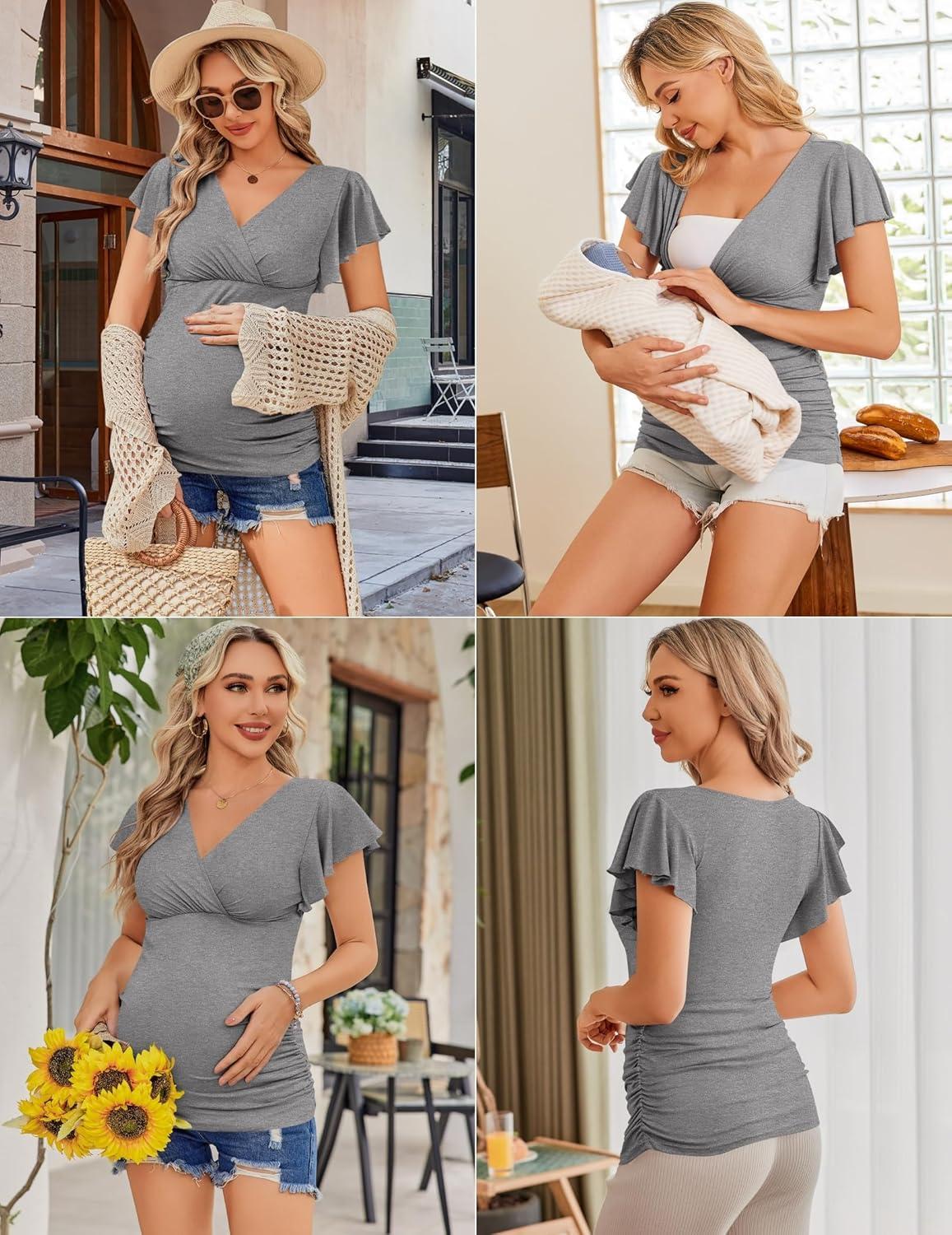 imageEkouaer Womens Maternity Shirts 3 Packs Nursing Tops Flying Short Sleeve Breastfeeding Tees Side Ruched Pregnancy ClothesArmy Green Grey Black3pcs
