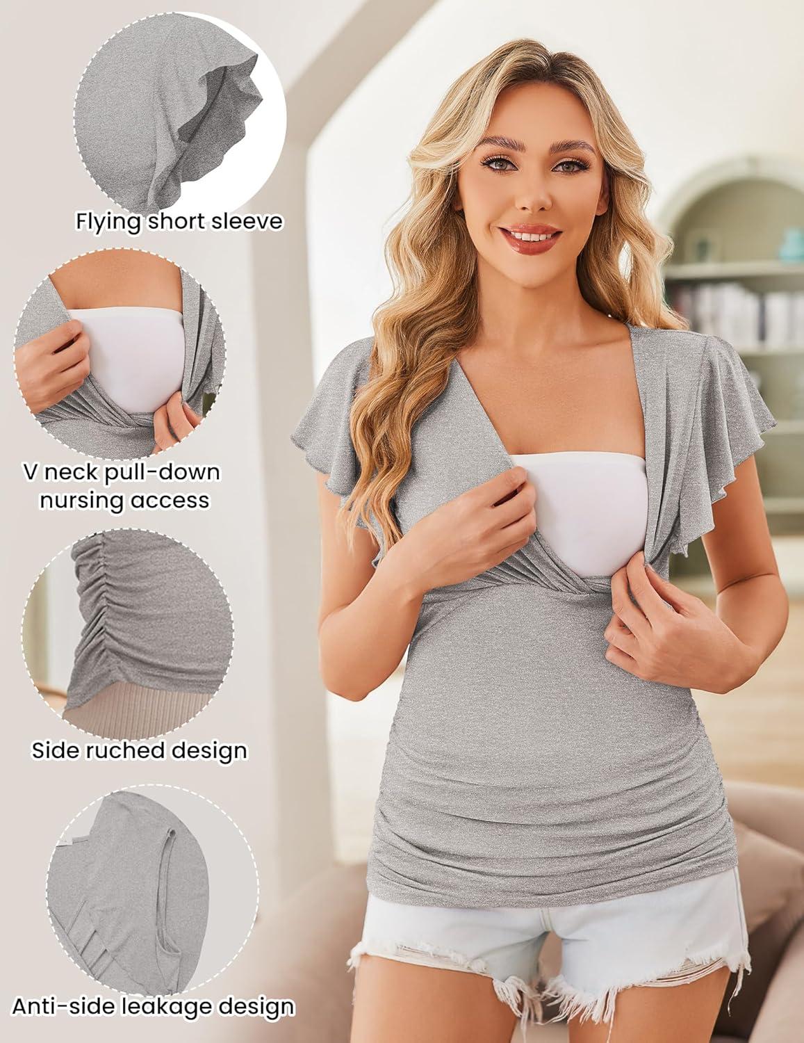 imageEkouaer Womens Maternity Shirts 3 Packs Nursing Tops Flying Short Sleeve Breastfeeding Tees Side Ruched Pregnancy ClothesBlack Dark Grey Light Grey3pcs