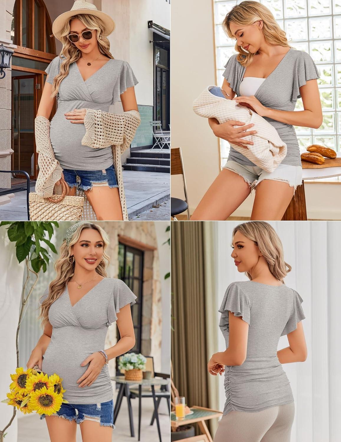 imageEkouaer Womens Maternity Shirts 3 Packs Nursing Tops Flying Short Sleeve Breastfeeding Tees Side Ruched Pregnancy ClothesBlack Dark Grey Light Grey3pcs