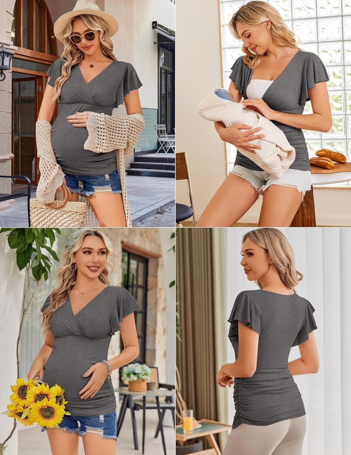 imageEkouaer Womens Maternity Shirts 3 Packs Nursing Tops Flying Short Sleeve Breastfeeding Tees Side Ruched Pregnancy ClothesBlack Dark Grey Light Grey3pcs