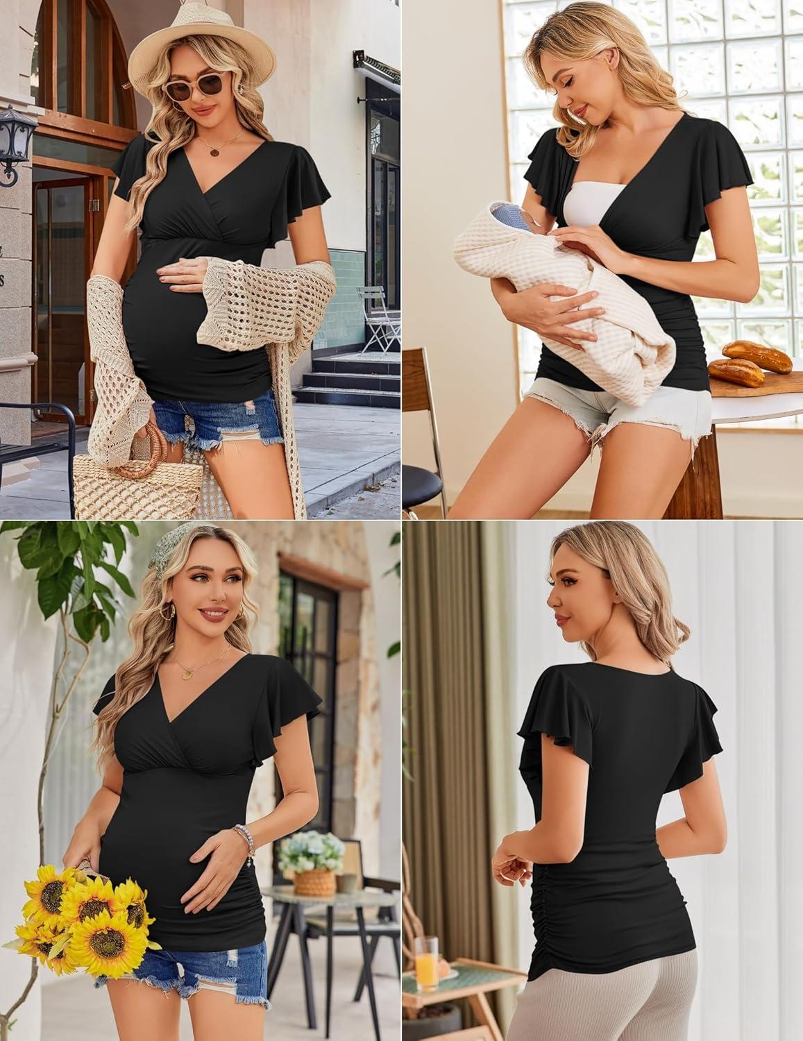 imageEkouaer Womens Maternity Shirts 3 Packs Nursing Tops Flying Short Sleeve Breastfeeding Tees Side Ruched Pregnancy ClothesBlack Dark Grey Light Grey3pcs