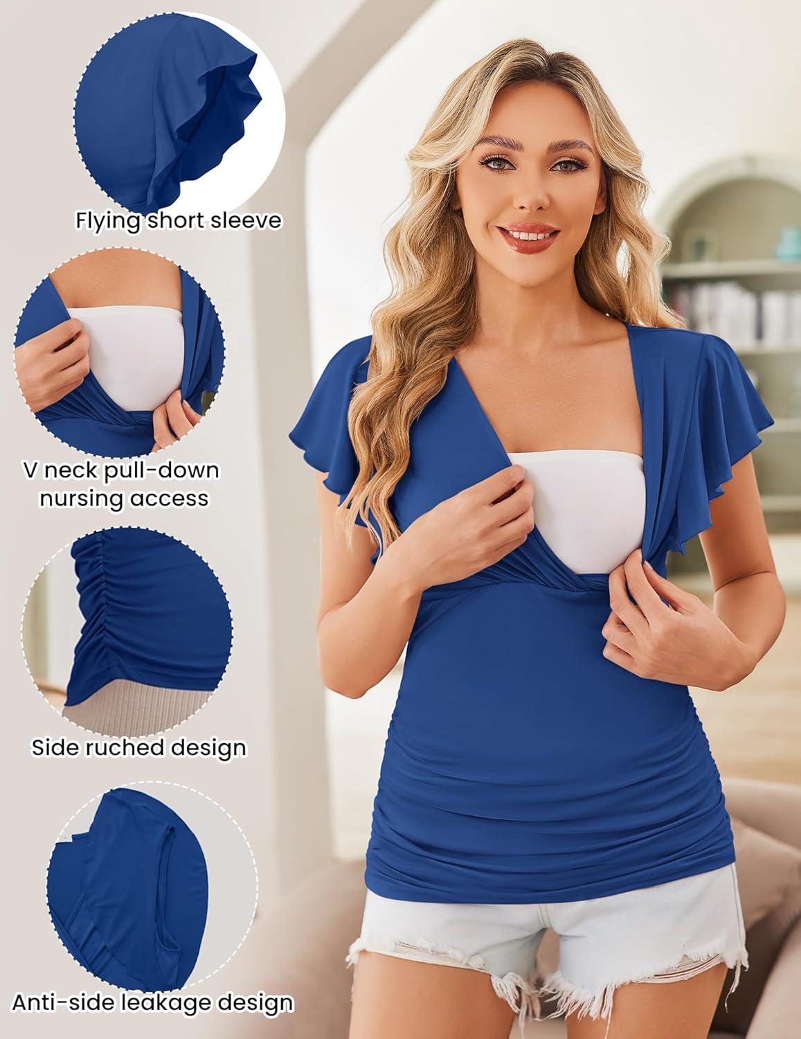 imageEkouaer Womens Maternity Shirts 3 Packs Nursing Tops Flying Short Sleeve Breastfeeding Tees Side Ruched Pregnancy ClothesLight Grey Black Navy3pcs