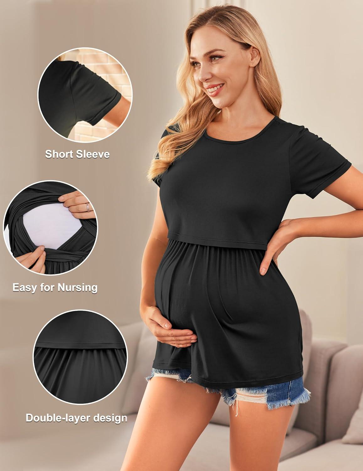 imageEkouaer Womens Nursing Tops 3 Packs Short Sleeve Breastfeeding Shirts Double Layer Postpartum Shirt SXXLBeige FloralStripeBlack