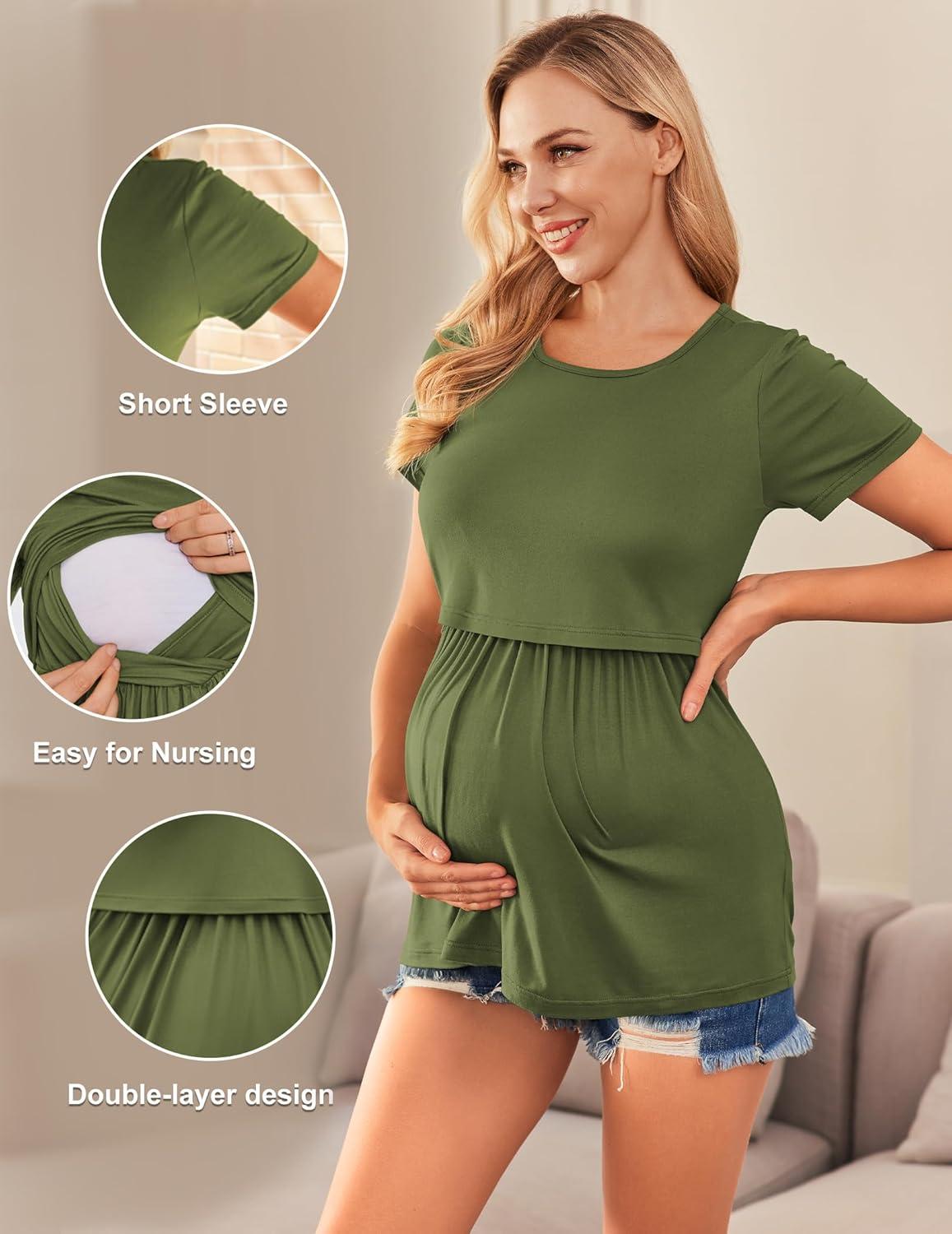imageEkouaer Womens Nursing Tops 3 Packs Short Sleeve Breastfeeding Shirts Double Layer Postpartum Shirt SXXLBlack FloralArmy GreenDark Gray