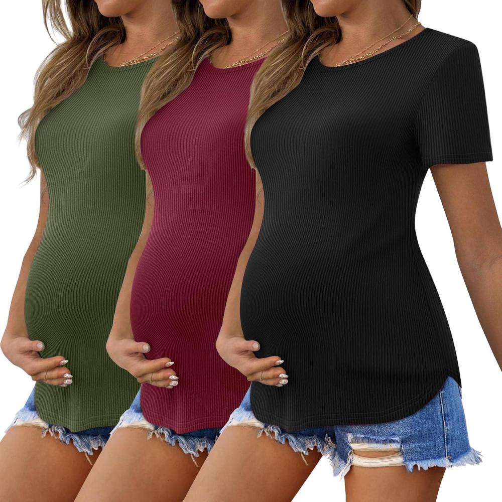 imageEkouaer 3 Pack Women Soft Maternity Shirts Ribbed Knit Pregnancy Tops Curved Hem Postpartum Tees Short Sleeve Pregnant TshirtBlackArmy GreenDark Red