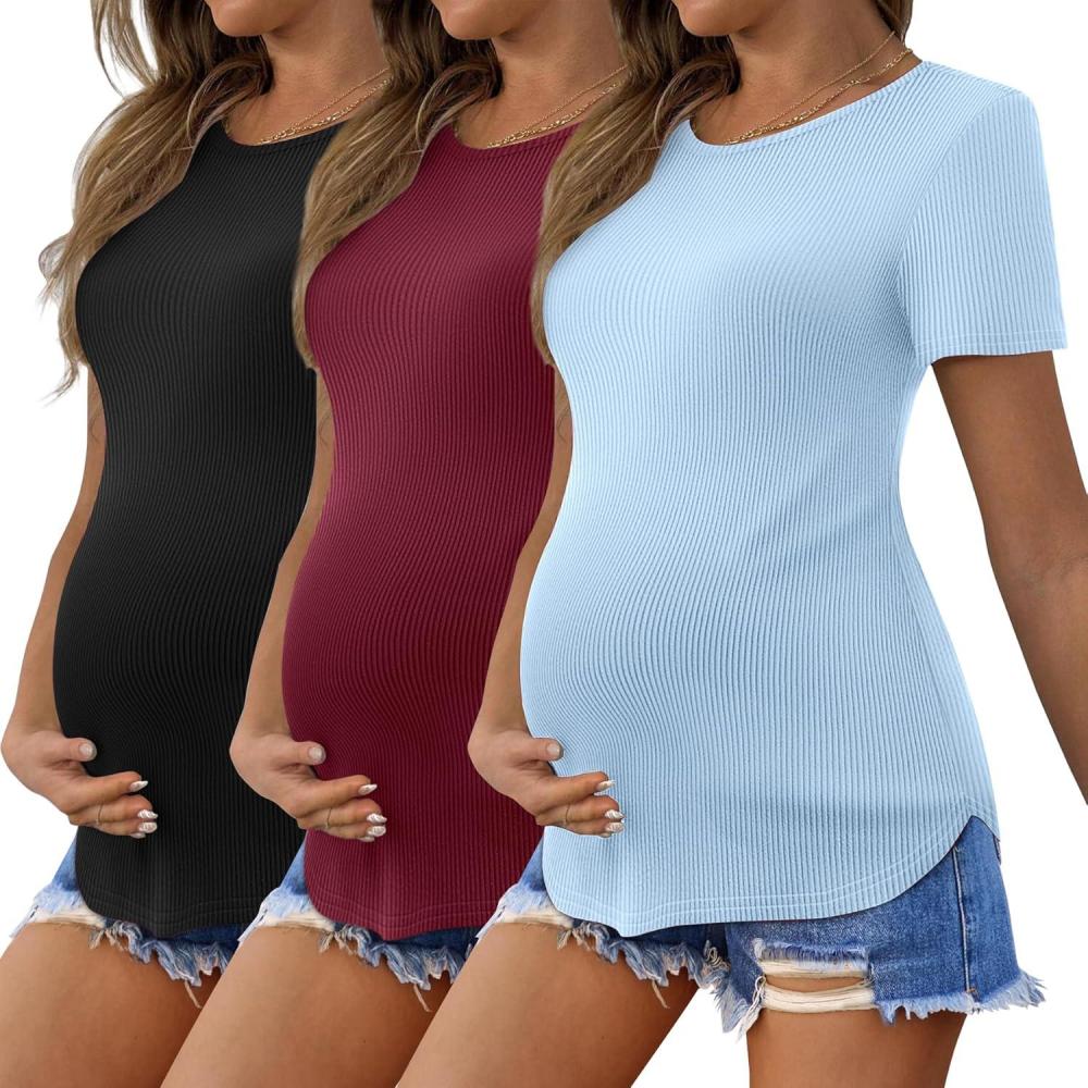 imageEkouaer 3 Pack Women Soft Maternity Shirts Ribbed Knit Pregnancy Tops Curved Hem Postpartum Tees Short Sleeve Pregnant TshirtBlackLight BlueDark Red
