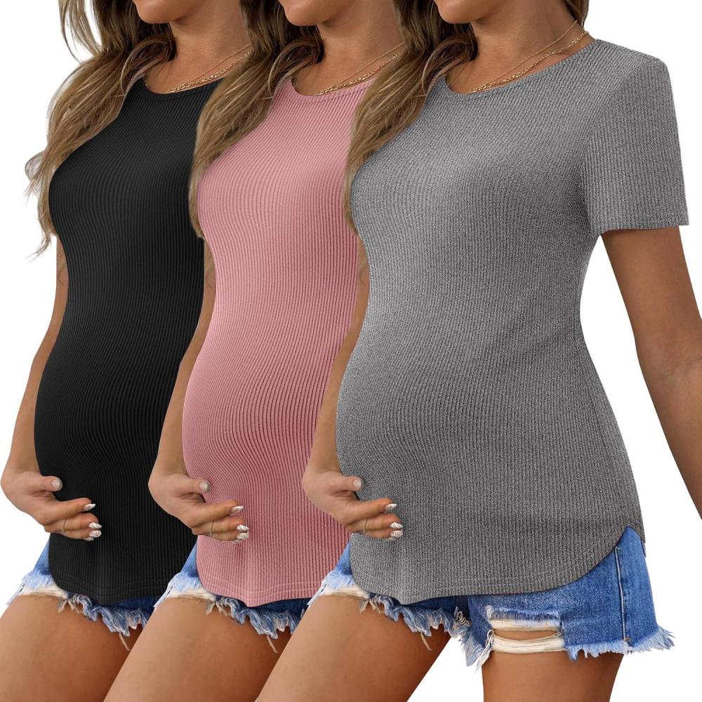 imageEkouaer 3 Pack Women Soft Maternity Shirts Ribbed Knit Pregnancy Tops Curved Hem Postpartum Tees Short Sleeve Pregnant TshirtBlackLight GreyDirty Pink
