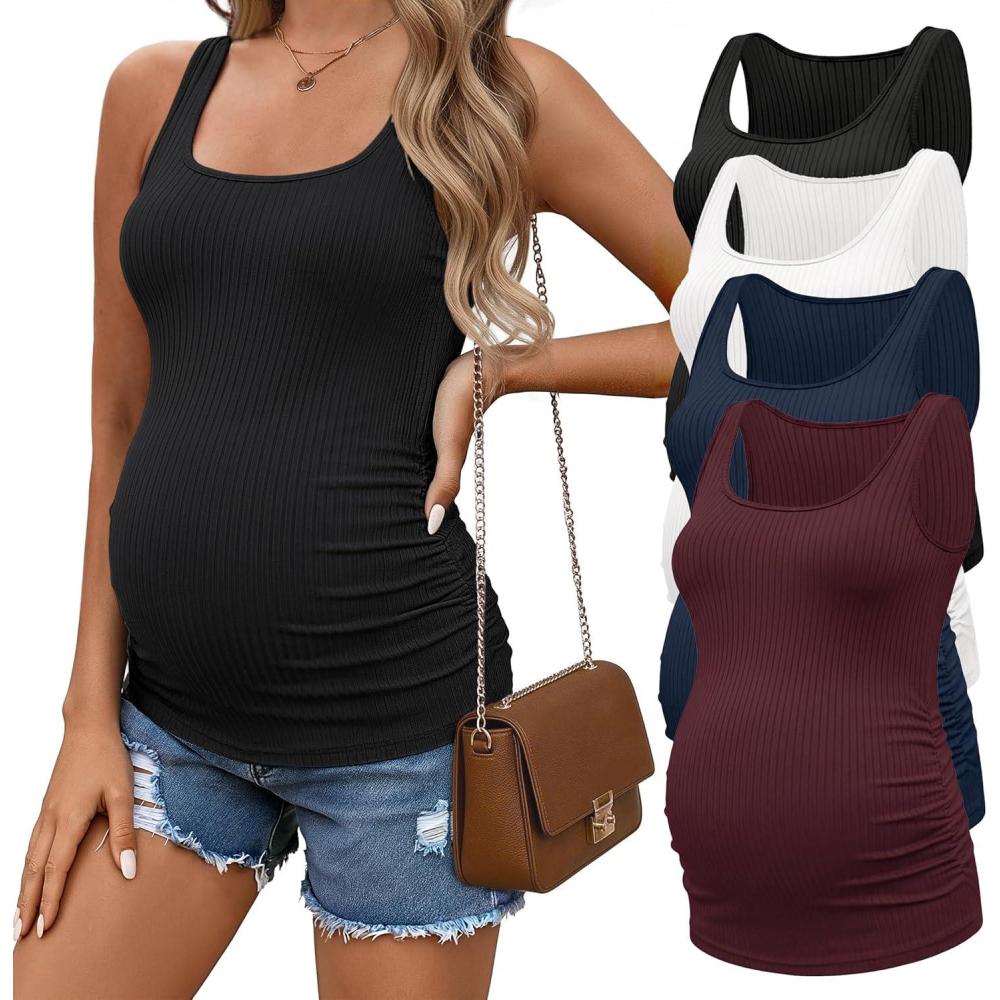 imageEkouaer 4 Pack Maternity Tank Tops Ribbed Summer Pregnancy Shirts Ruch Side Tops Casual Square Neck Postpartum Clothes S2XLBlackDark RedNavy BlueWhite