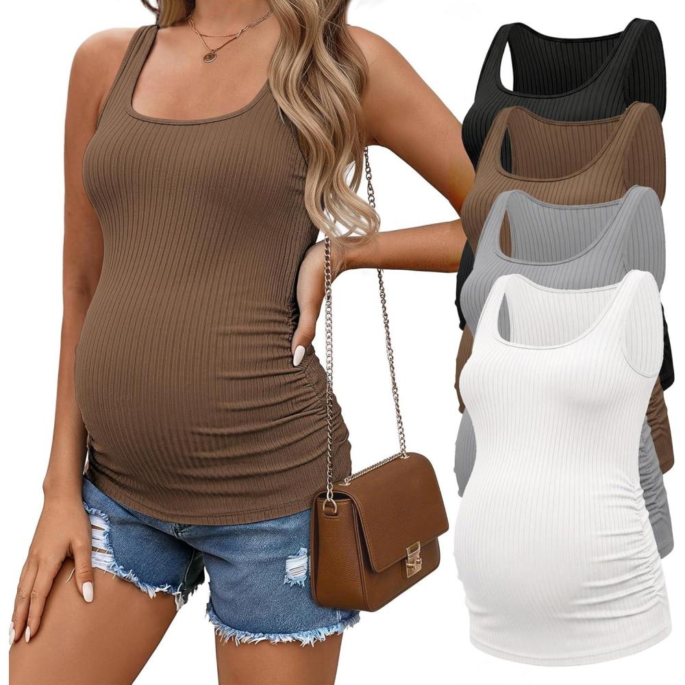imageEkouaer 4 Pack Maternity Tank Tops Ribbed Summer Pregnancy Shirts Ruch Side Tops Casual Square Neck Postpartum Clothes S2XLBlackLight GreyBrownWhite